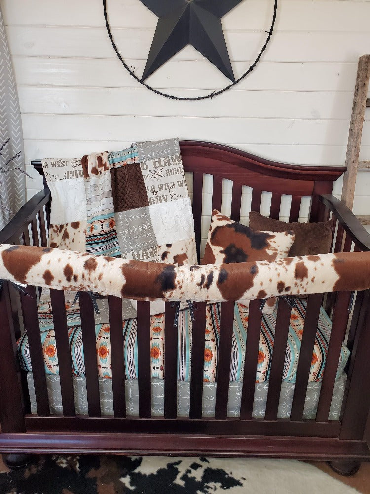 Boy Crib Bedding Cowboy Mint Aztec and Cow Minky Western Baby Toddler Bedding Collection 3pc set