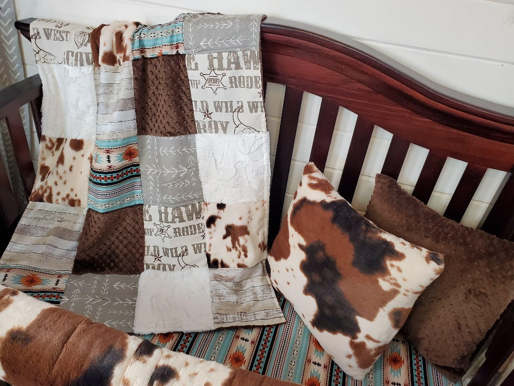 Boy Crib Bedding - Cowboy, Mint Aztec, and Cow Minky Collection - DBC Baby Bedding Co 
