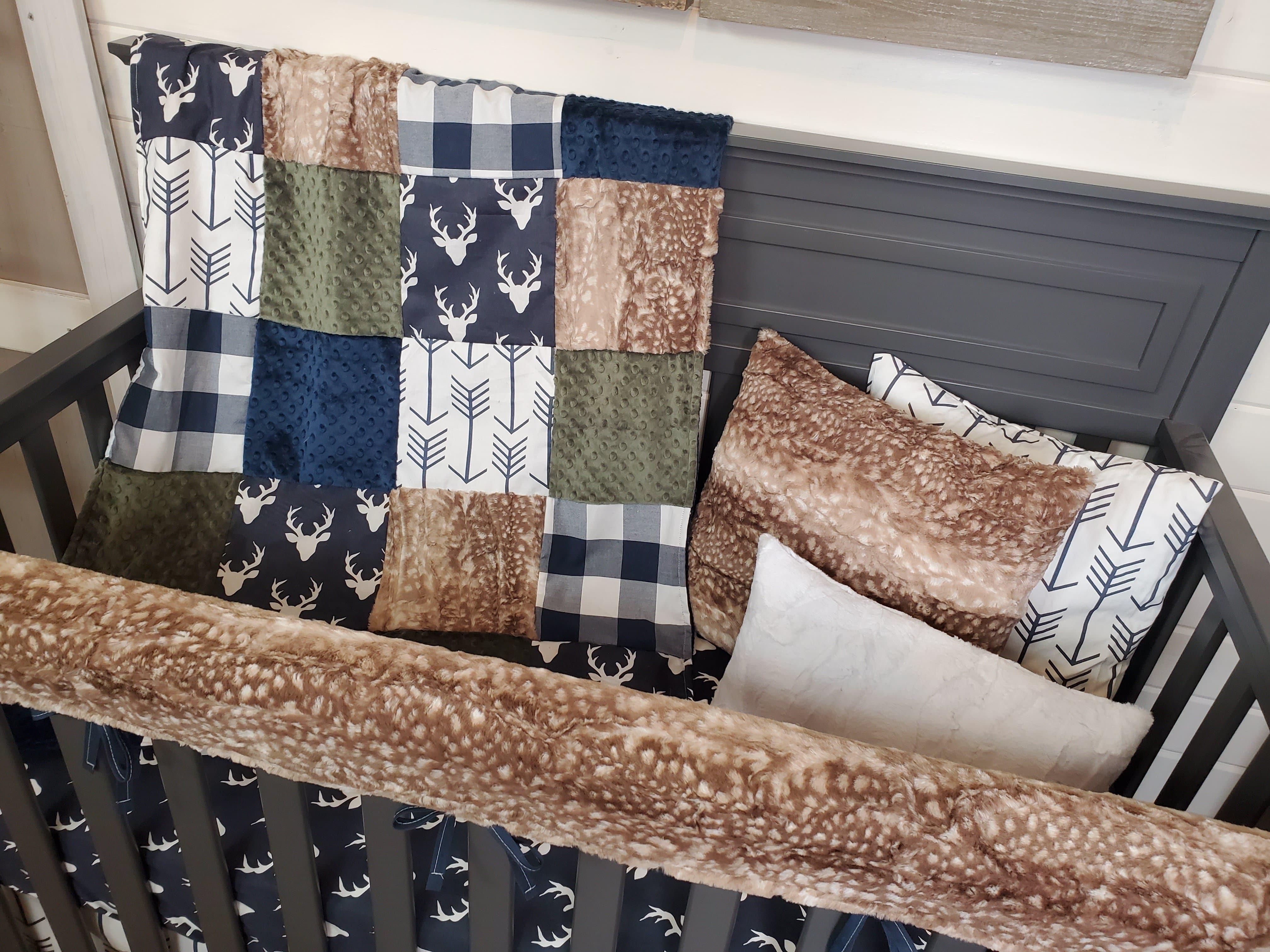 Minky Crib/Child Blanket | Woodland Bear Patchwork|| Navy, Gray | Quick outlets Ship Shop