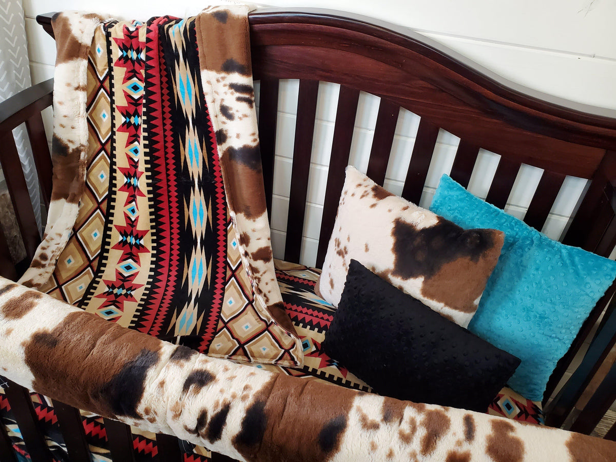 Ready Ship Boy Crib Bedding- Aztec Minky and Cow Minky Ranch Collection - DBC Baby Bedding Co 