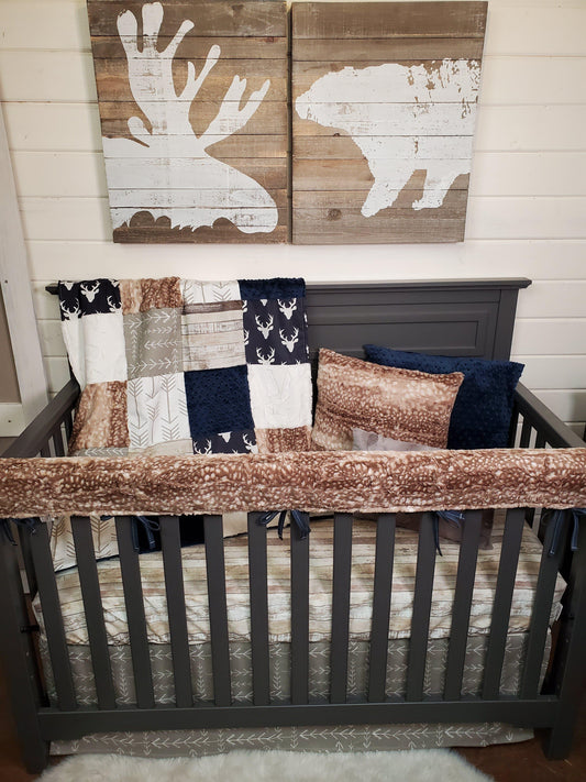 New Release Boy Crib Bedding- Navy Buck and Fawn Minky Woodland Collection - DBC Baby Bedding Co 