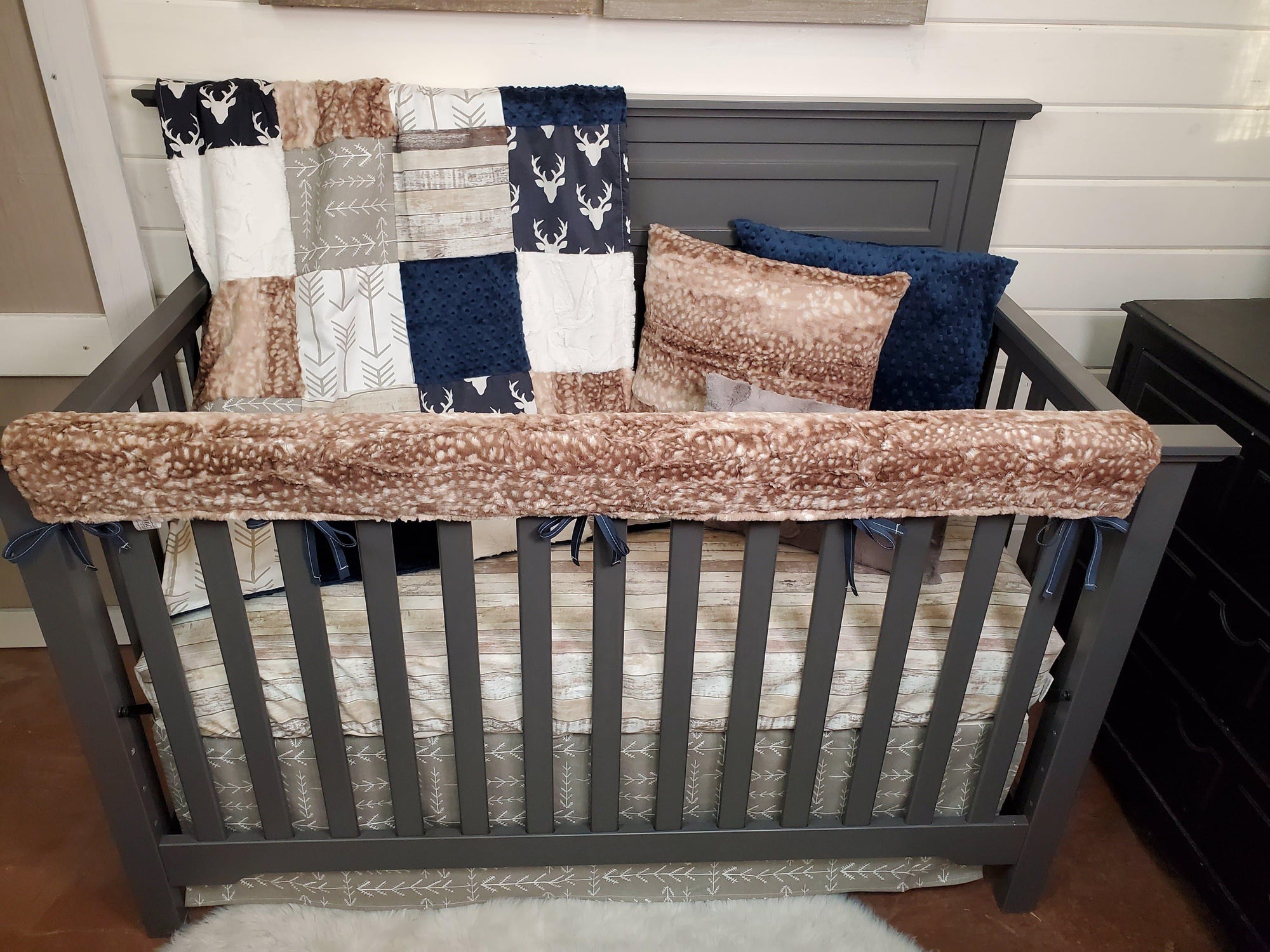 New Release Boy Crib Bedding- Navy Buck and Fawn Minky Woodland Collection - DBC Baby Bedding Co 