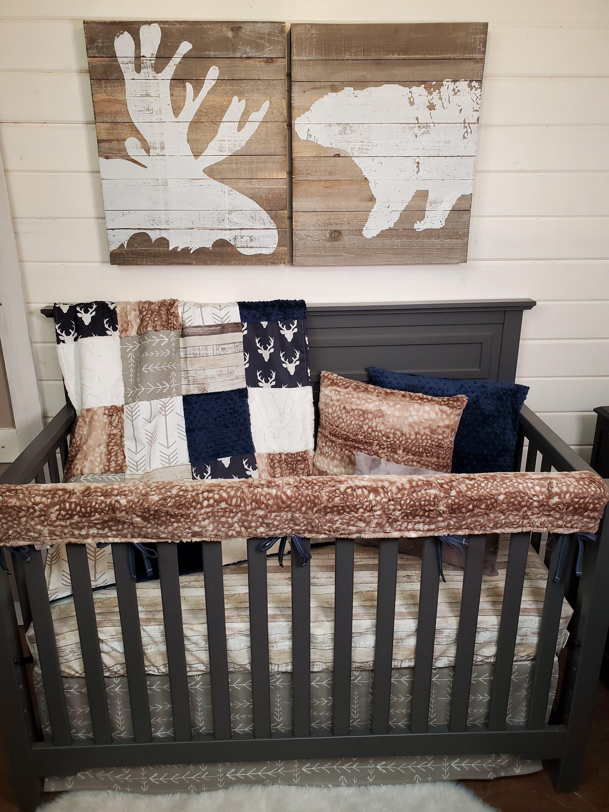 New Release Boy Crib Bedding- Navy Buck and Fawn Minky Woodland Collection - DBC Baby Bedding Co 