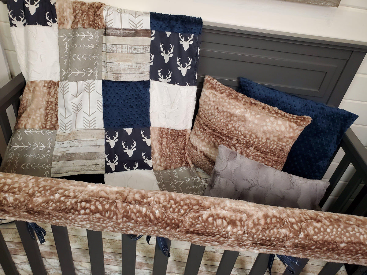 New Release Boy Crib Bedding- Navy Buck and Fawn Minky Woodland Collection - DBC Baby Bedding Co 