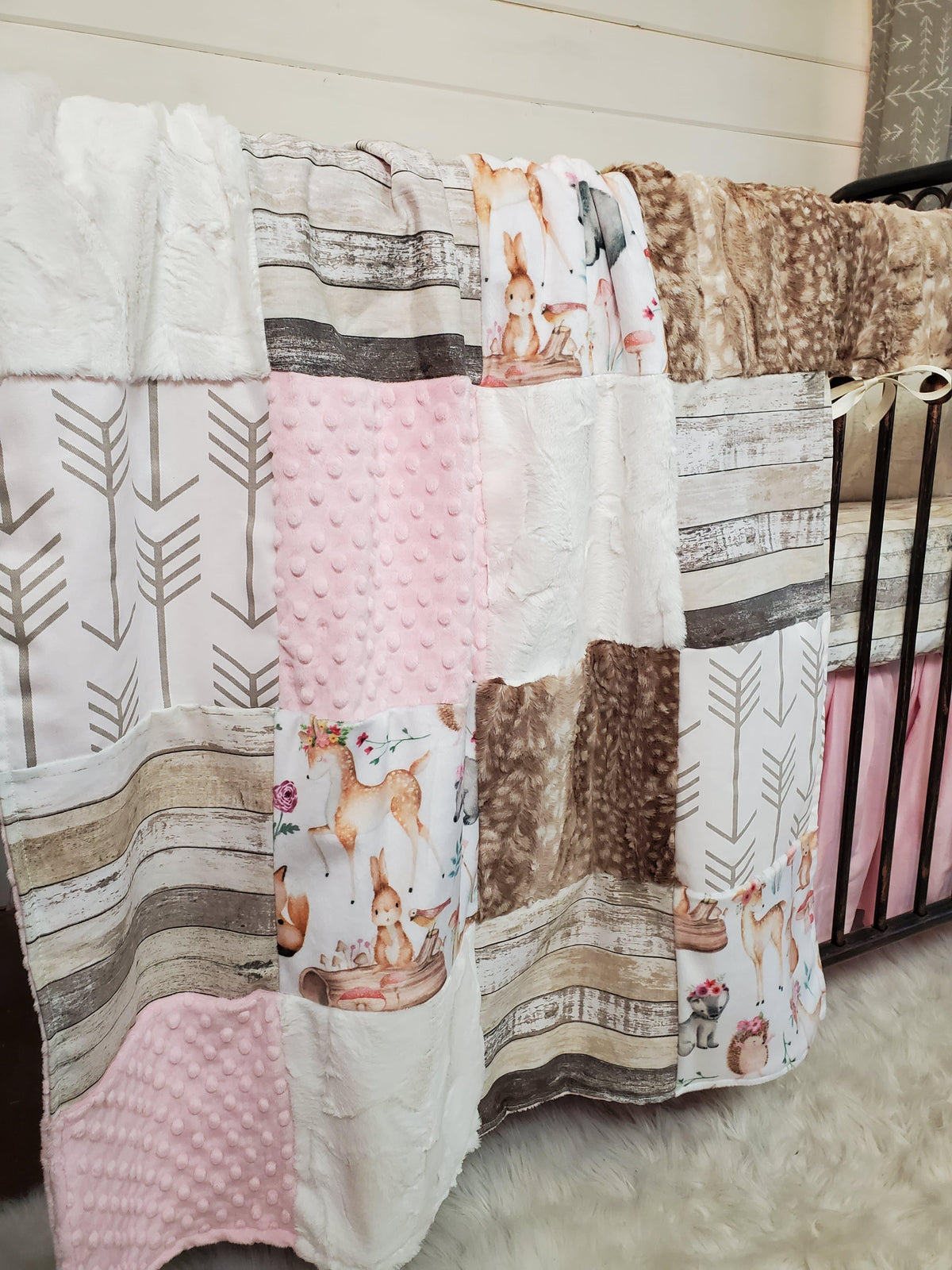 Girl Crib Bedding- Floral Woodland Animals and Fawn Minky Woodland Collection - DBC Baby Bedding Co 