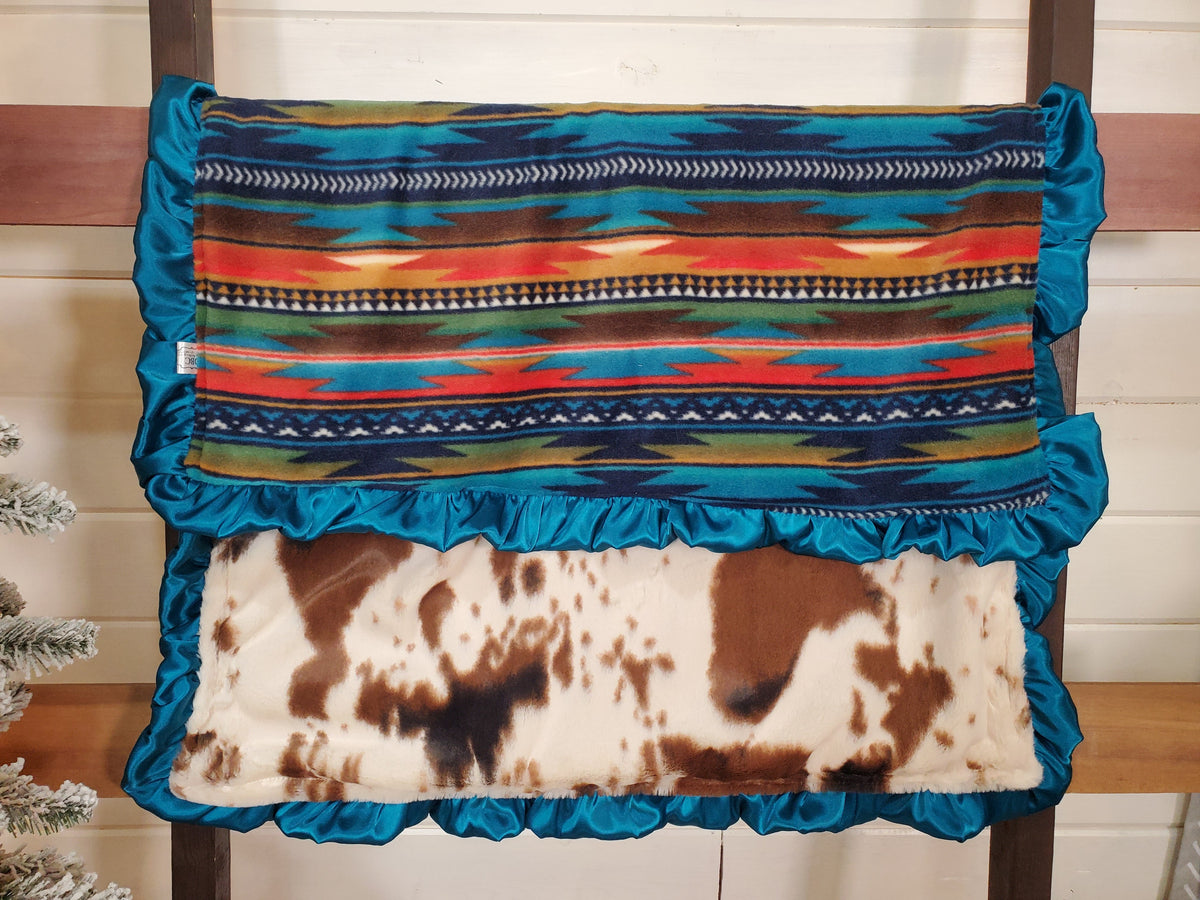 32x35 Ruffle Minky Blanket - Teal Aztec - DBC Baby Bedding Co 