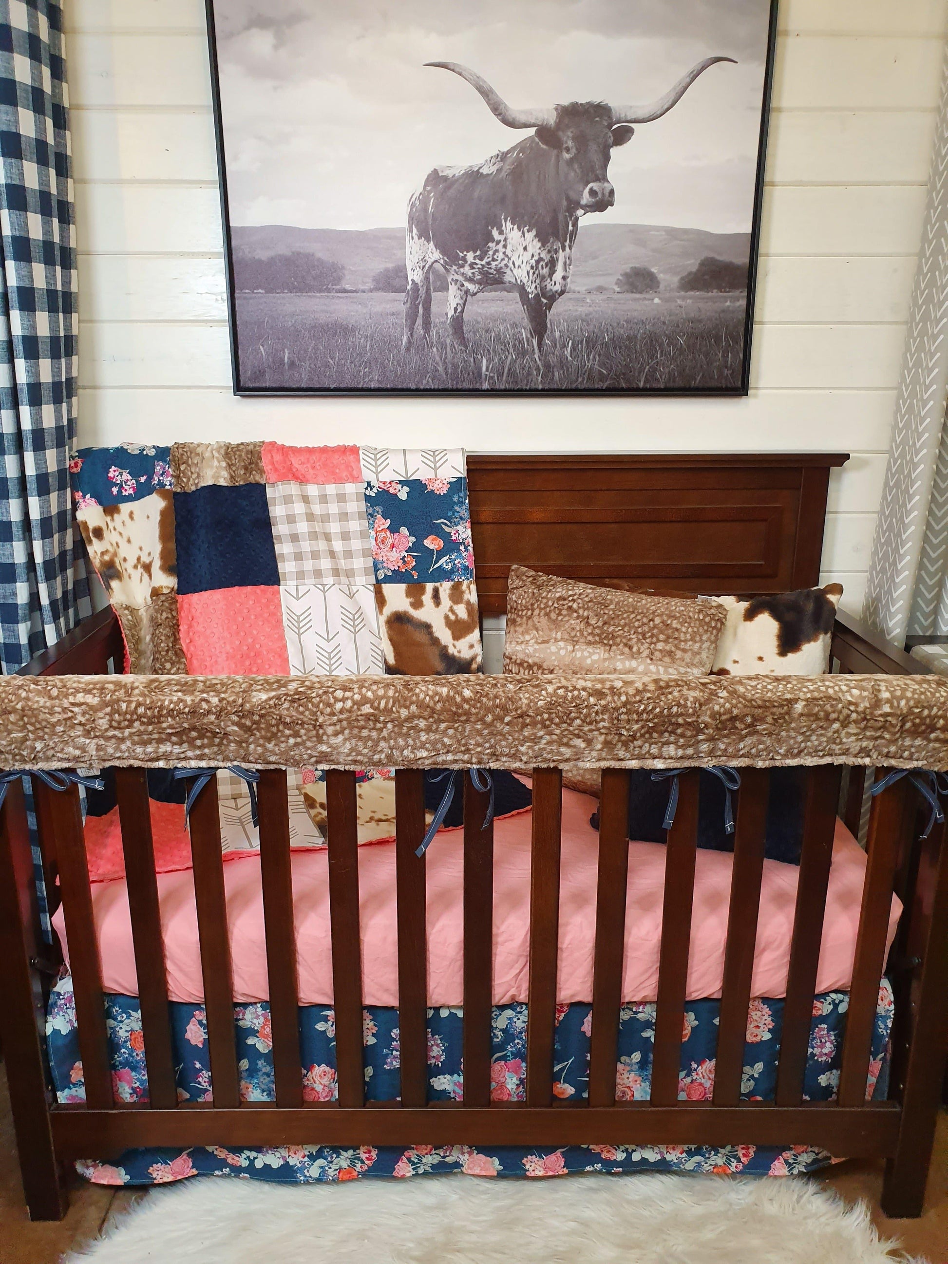 Ready Ship Girl Crib Bedding- Cow Minky & Navy Floral Baby Bedding Collection - DBC Baby Bedding Co 
