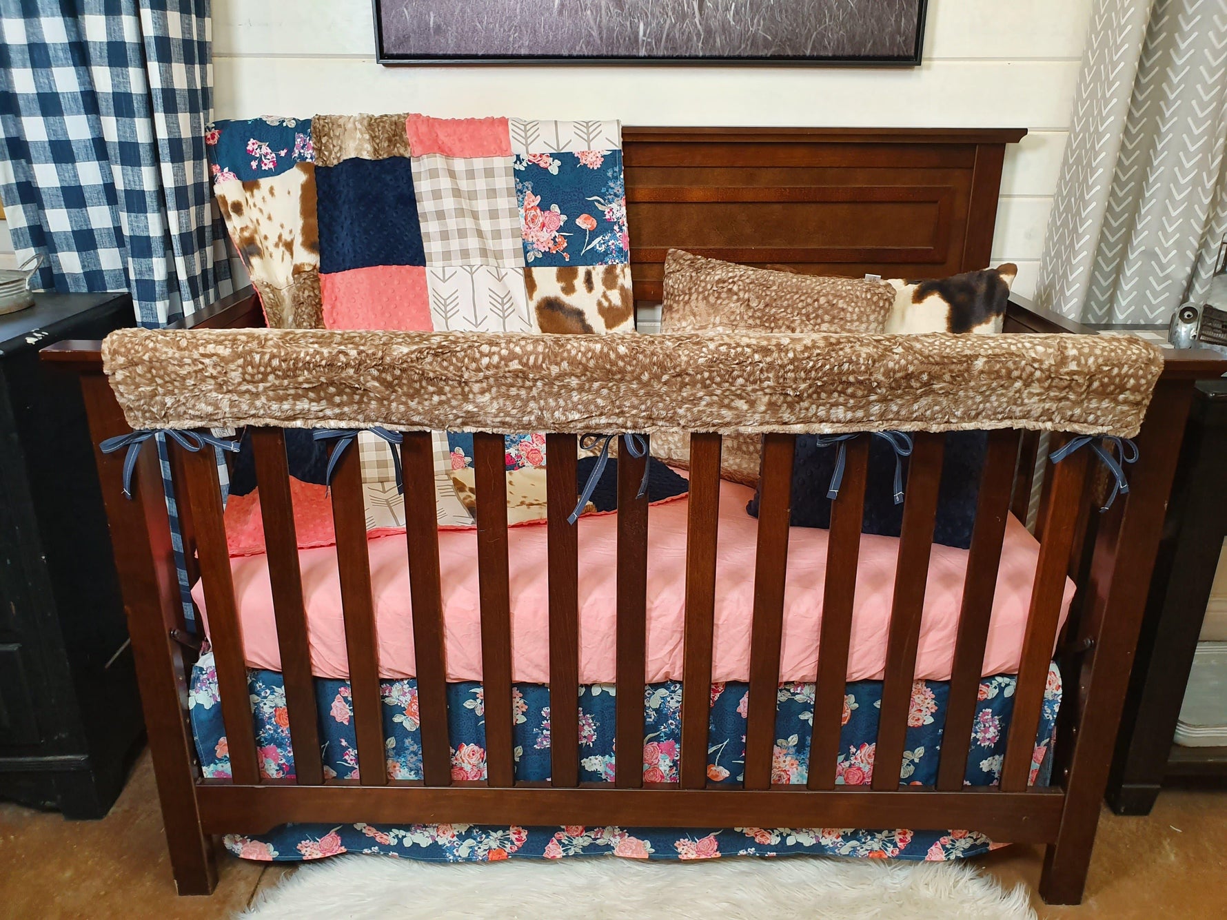 Ready Ship Girl Crib Bedding- Navy Floral and Cow Minky Ranch Collection - DBC Baby Bedding Co 