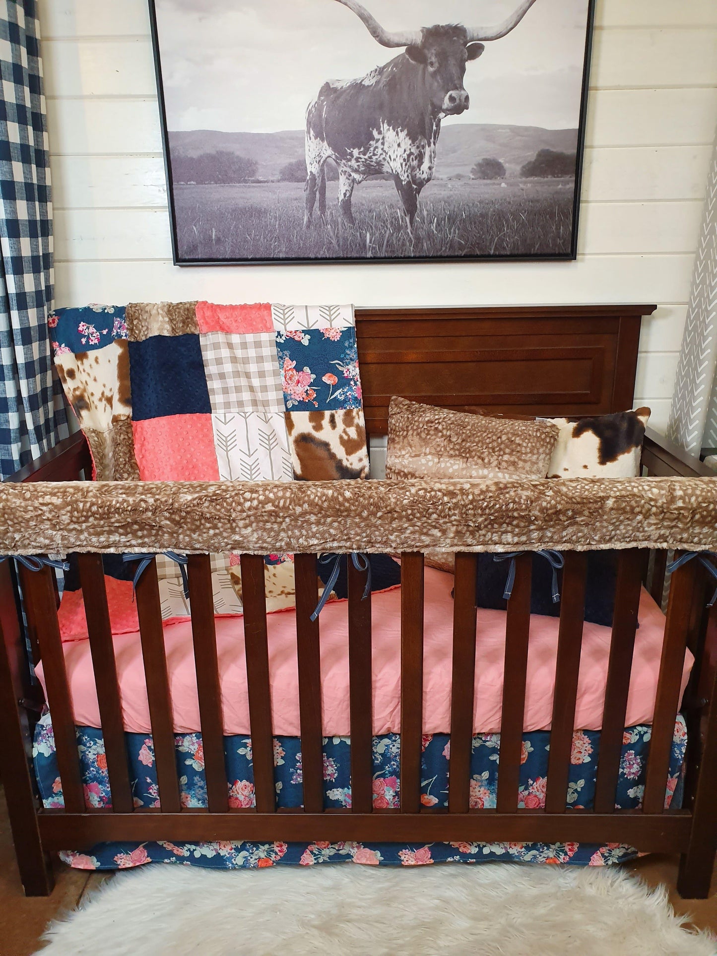 Ready Ship Girl Crib Bedding- Navy Floral and Cow Minky Ranch Collection - DBC Baby Bedding Co 