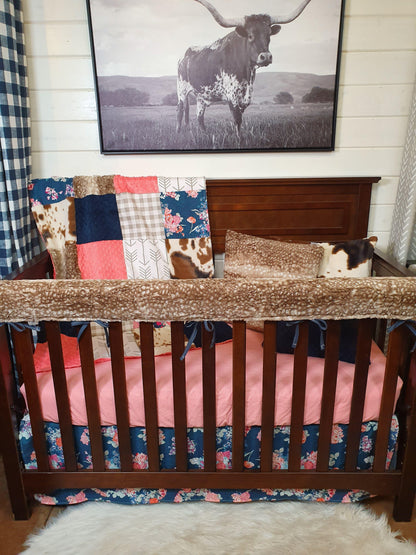 Ready Ship Girl Crib Bedding- Navy Floral and Cow Minky Ranch Collection - DBC Baby Bedding Co 
