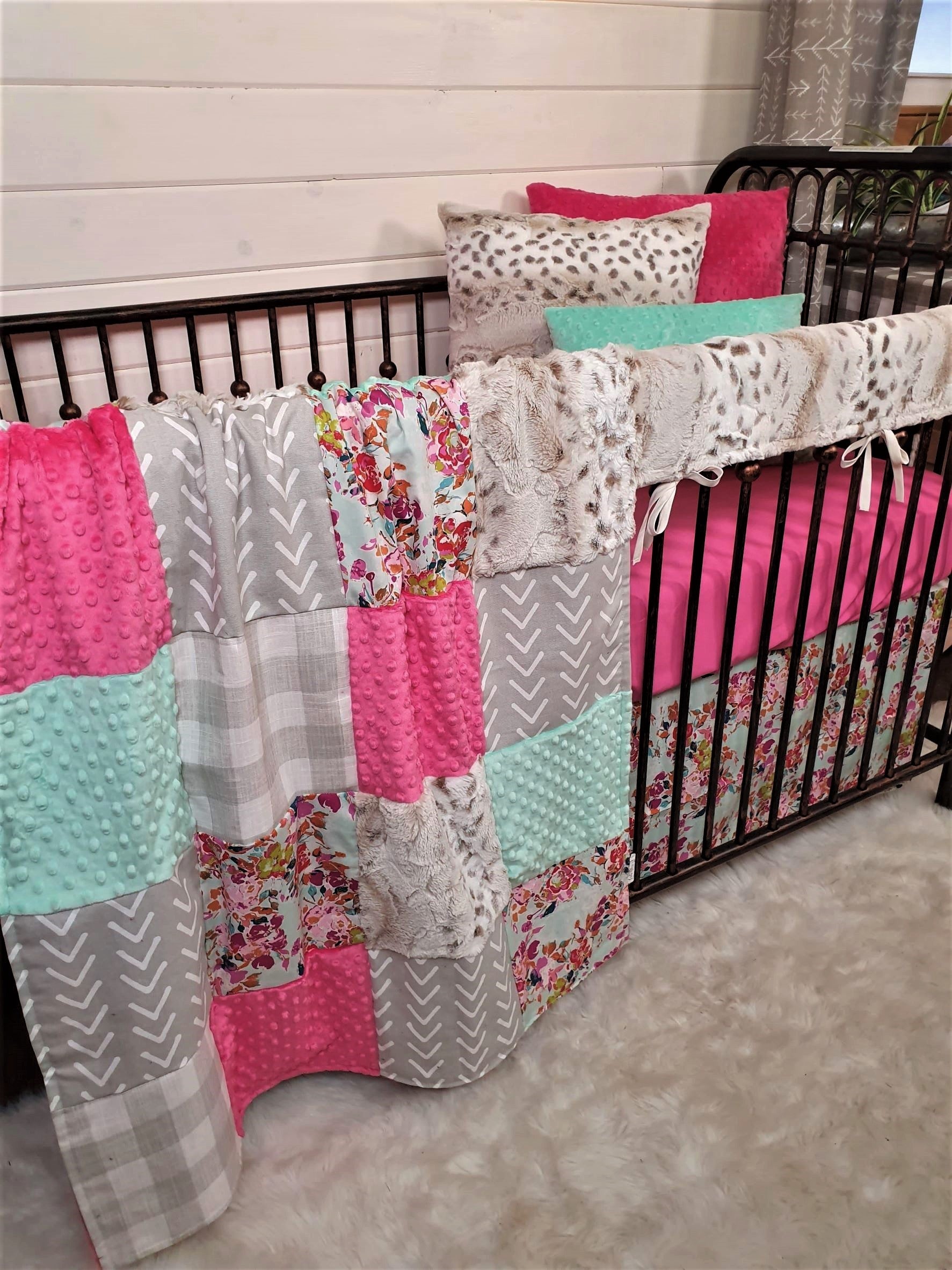 Girl Crib Bedding- Summer Floral and Lynx Minky Baby Bedding Collection - DBC Baby Bedding Co 