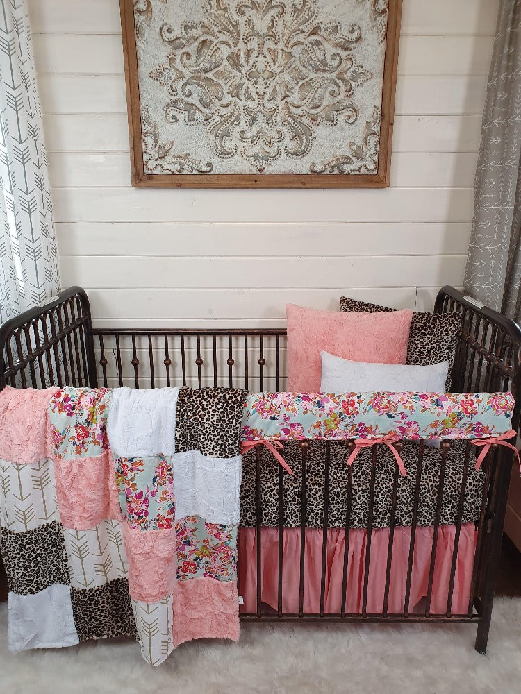 Girl Crib Bedding- Summer Floral and Cheetah Minky Baby Bedding Collection - DBC Baby Bedding Co 