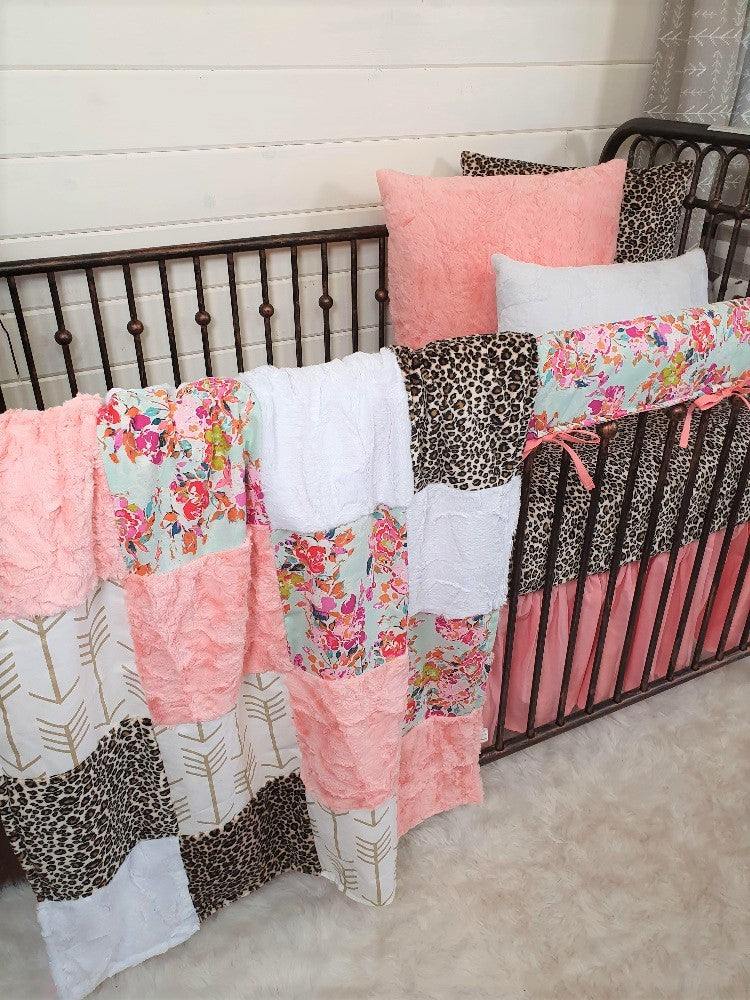 Girl Crib Bedding- Summer Floral and Cheetah Minky Baby Bedding Collection - DBC Baby Bedding Co 