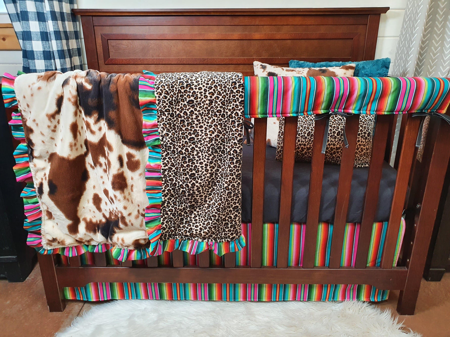 Girl Crib Bedding- Serape, Cow Minky, and Cheetah Minky Collection - DBC Baby Bedding Co 