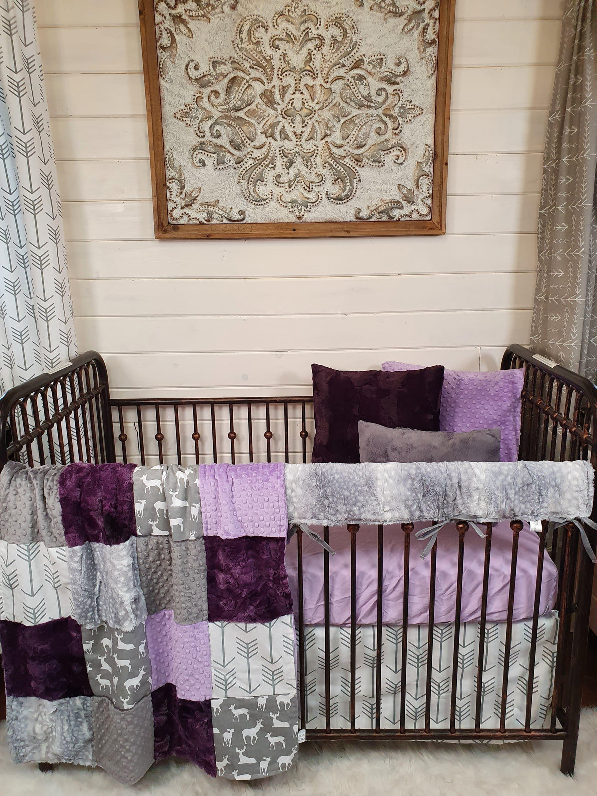 Girl Crib Bedding- Deer, Lilac, and Silver Fawn Woodland Collection - DBC Baby Bedding Co 