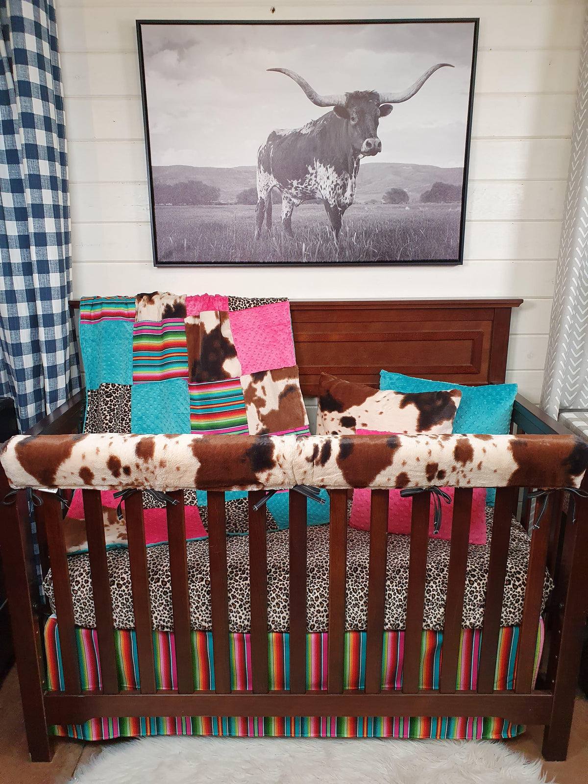 Girl Crib Bedding- Serape, Cheetah Minky, and Cow Minky Ranch Collection - DBC Baby Bedding Co 