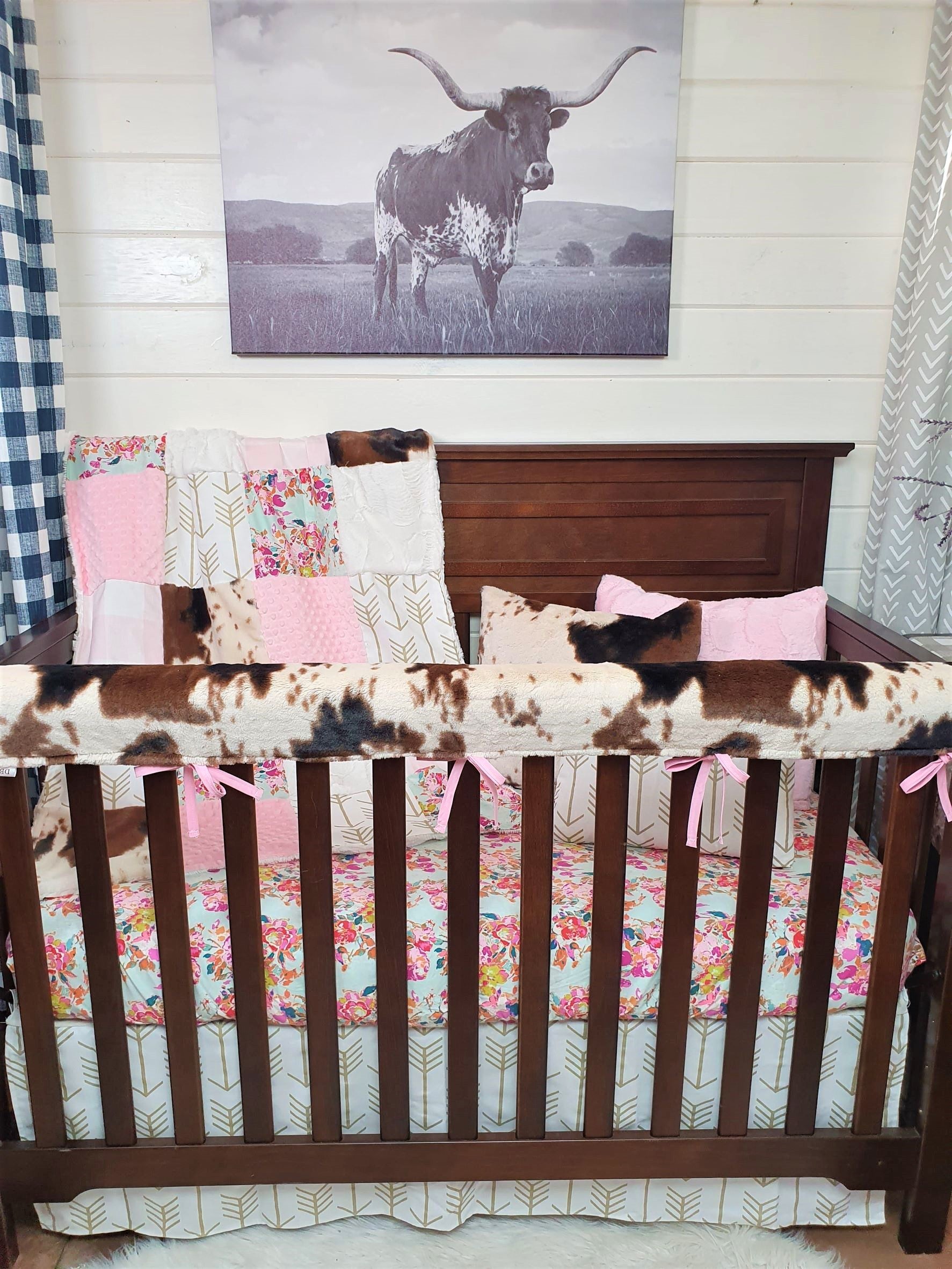 Girl Crib Bedding- Summer Floral and Cow Minky Ranch Collection - DBC Baby Bedding Co