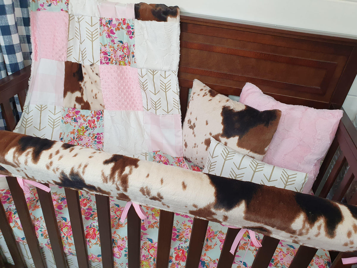 Girl Crib Bedding- Summer Floral and Cow Minky Ranch Collection - DBC Baby Bedding Co 