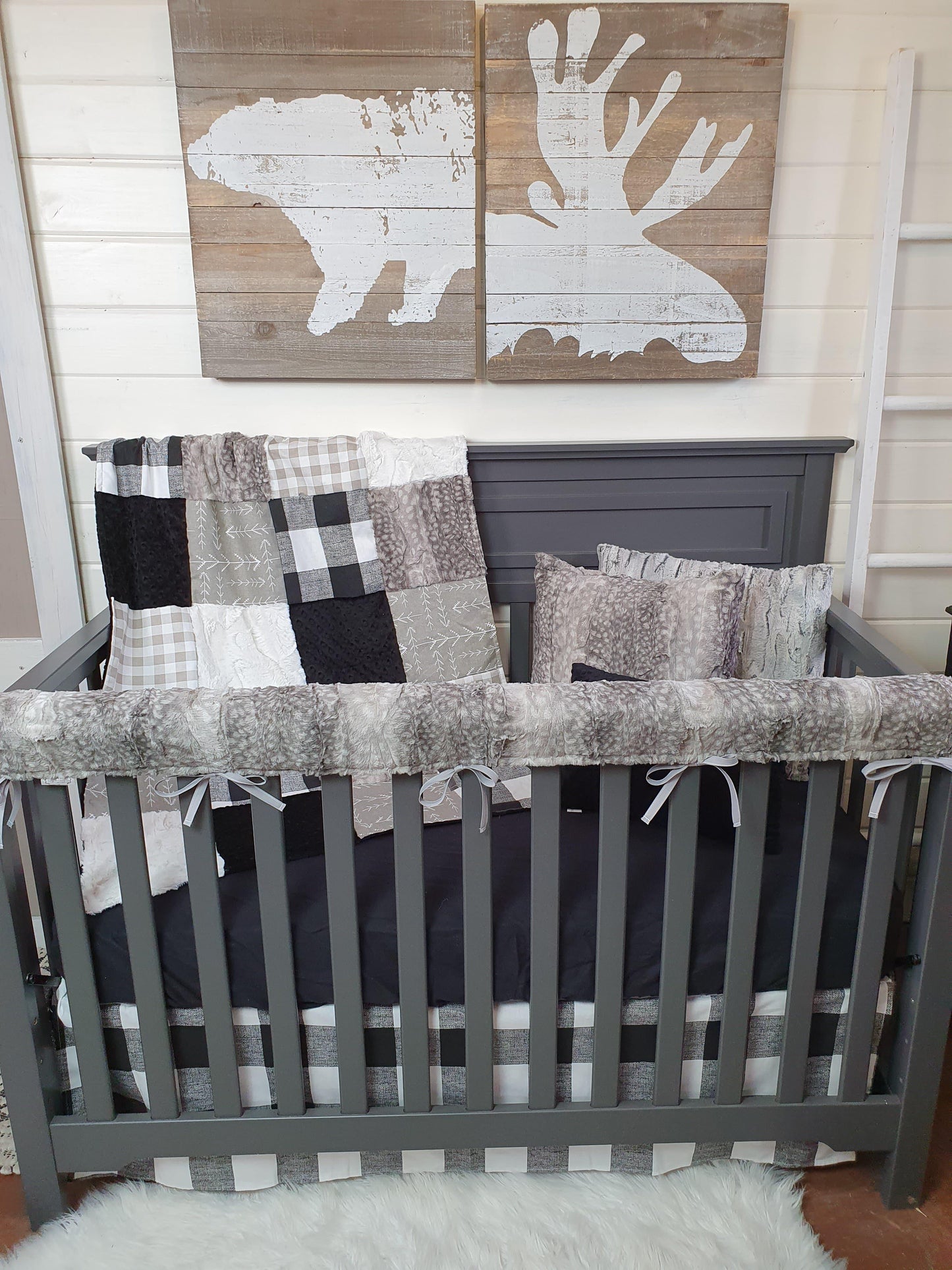 Ready Ship Boy Crib Bedding- Check, Arrow, and Metal Fawn Minky Woodland Collection - DBC Baby Bedding Co 