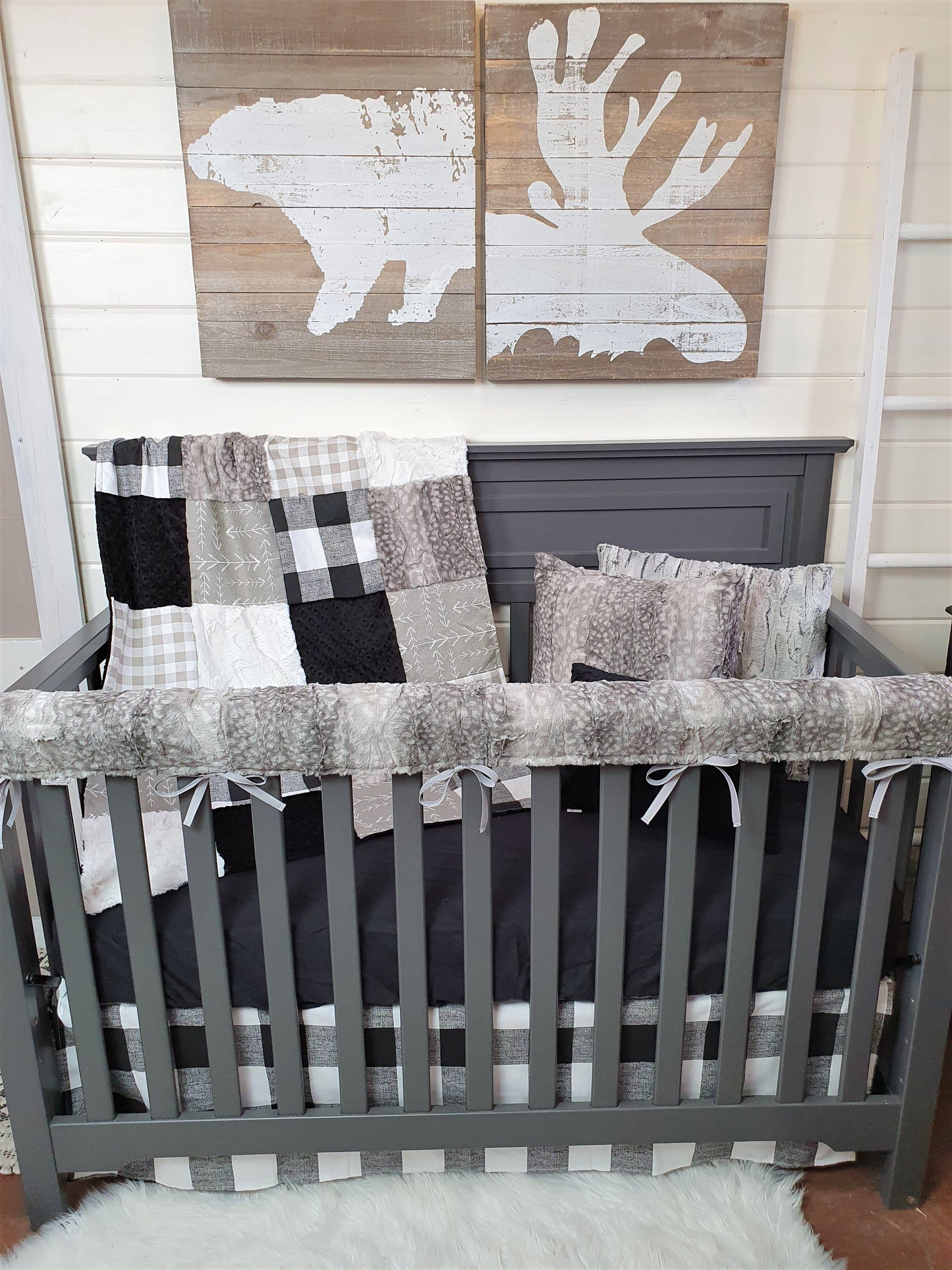 Ready Ship Boy Crib Bedding- Check, Arrow, and Metal Fawn Minky Woodland Collection - DBC Baby Bedding Co