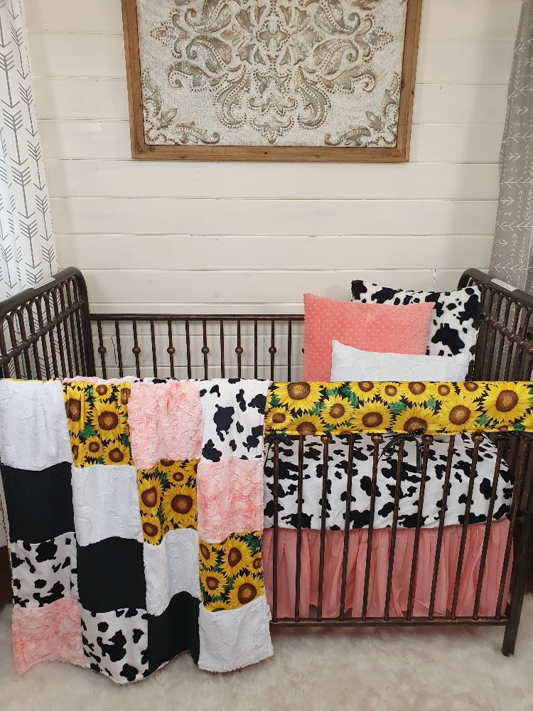 Ready Ship Girl Crib Bedding- Sunflower Minky and Black White Cow Minky Ranch Collection - DBC Baby Bedding Co 