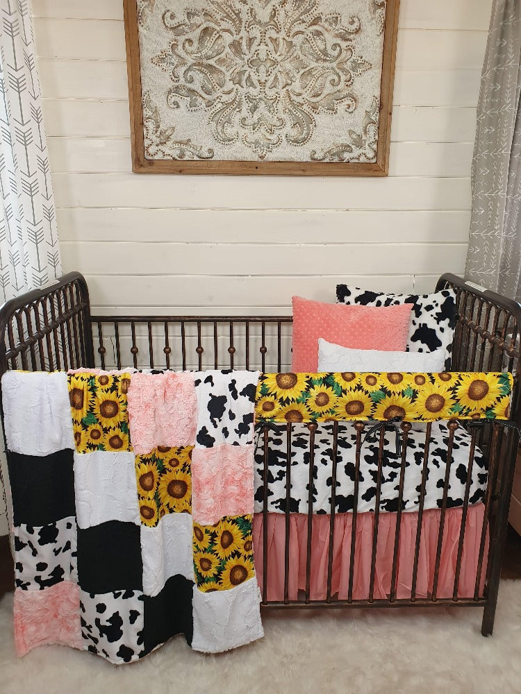 Ready Ship Girl Crib Bedding- Sunflower Minky and Black White Cow Minky Ranch Collection - DBC Baby Bedding Co 