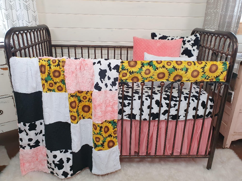 Ready Ship Girl Crib Bedding- Sunflower Minky and Black White Cow Minky Ranch Collection - DBC Baby Bedding Co 