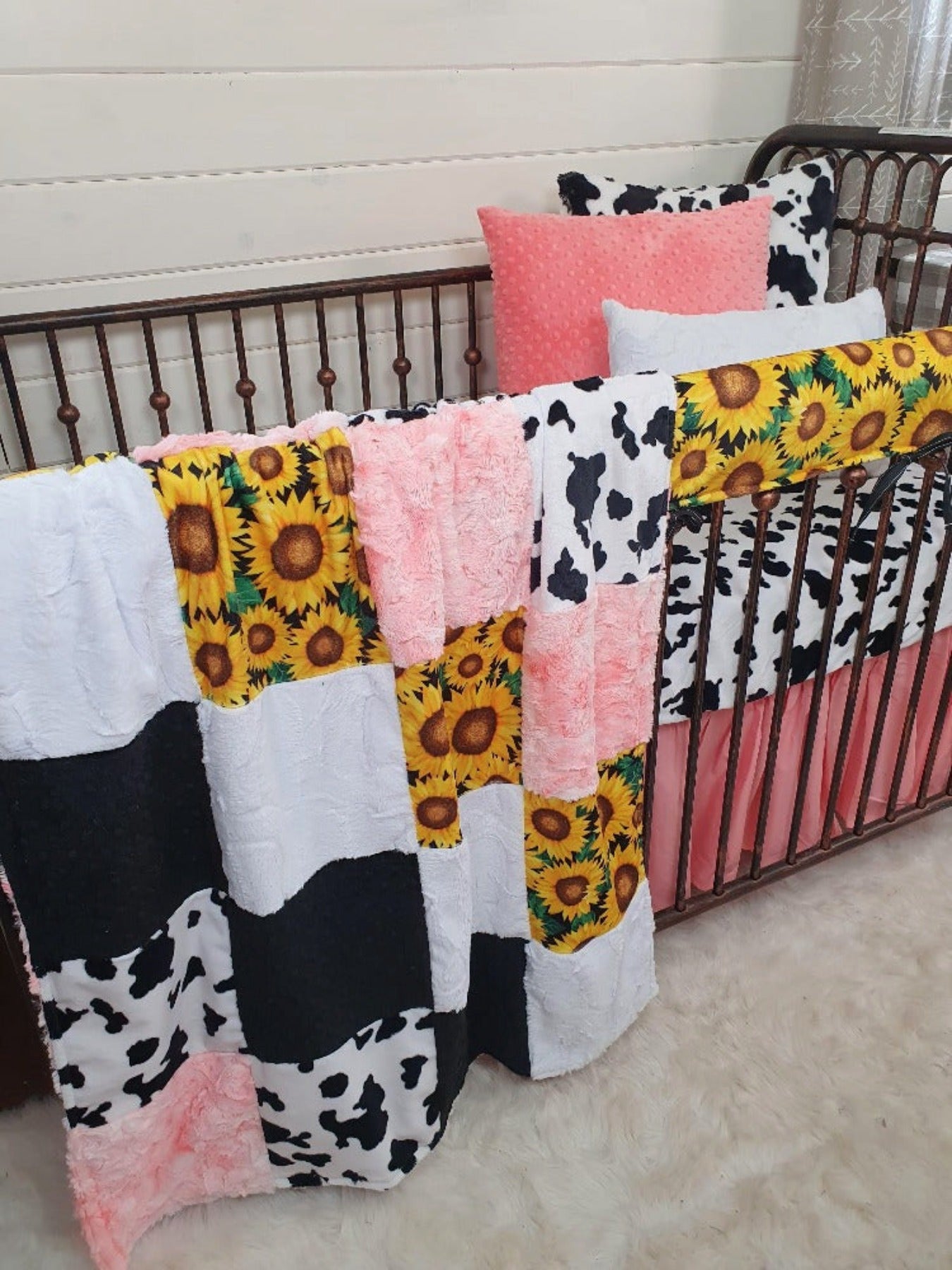 Ready Ship Girl Crib Bedding- Sunflower Minky and Black White Cow Minky Ranch Collection - DBC Baby Bedding Co 
