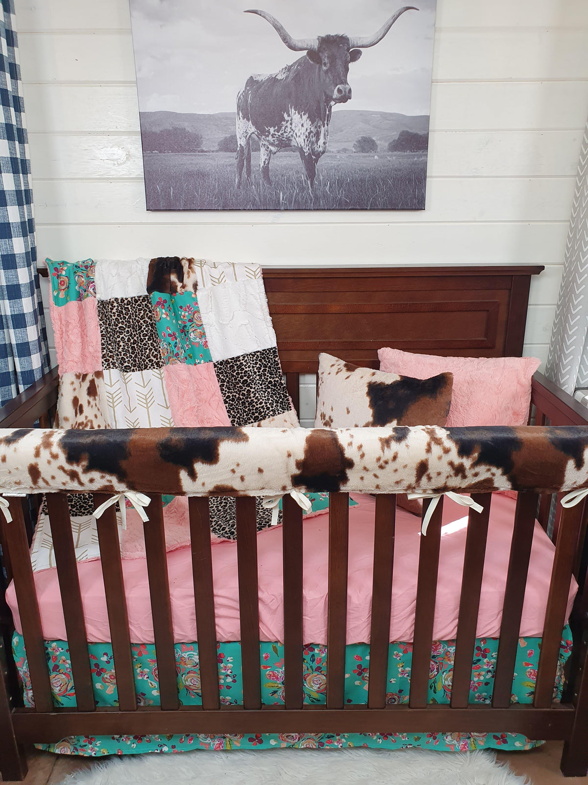 Girl Crib Bedding- Teal Floral and Cow Minky Ranch Collection - DBC Baby Bedding Co 
