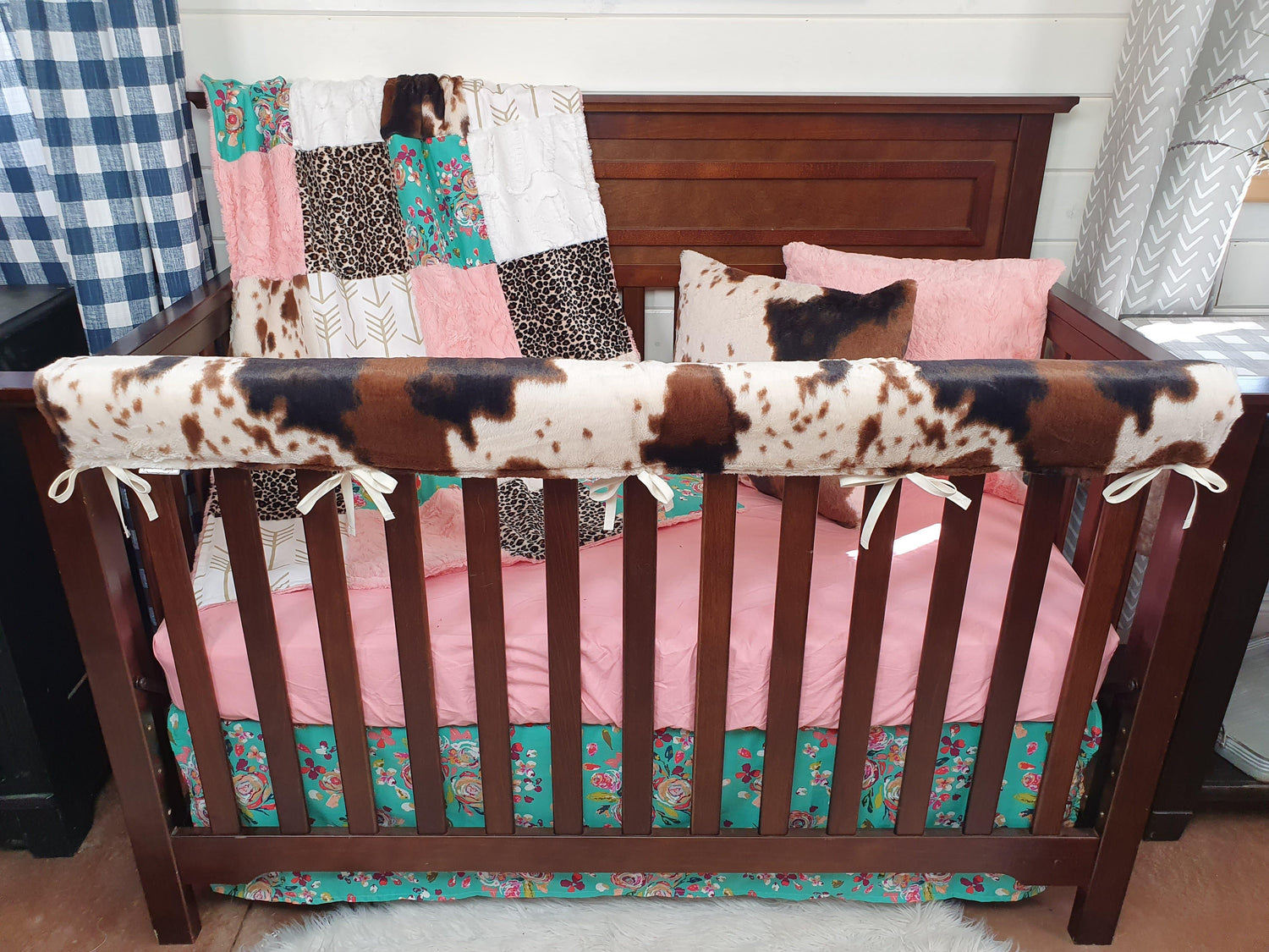 Girl Crib Bedding- Teal Floral and Cow Minky Ranch Collection - DBC Baby Bedding Co 