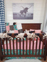 Girl Crib Bedding- Teal Floral and Cow Minky Ranch Collection - DBC Baby Bedding Co 