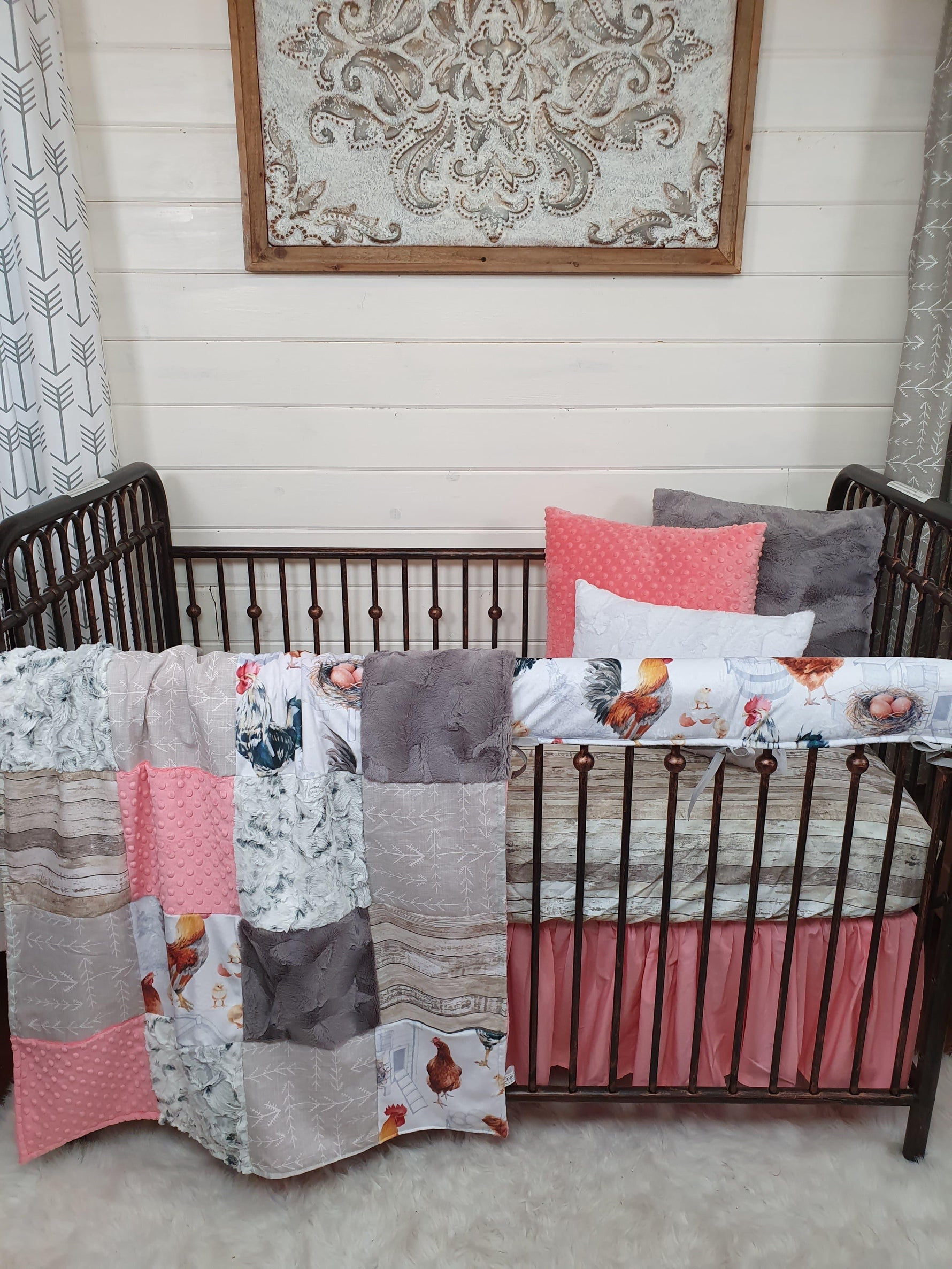 Girl Crib Bedding- Chicken Minky Farm Collection - DBC Baby Bedding Co 