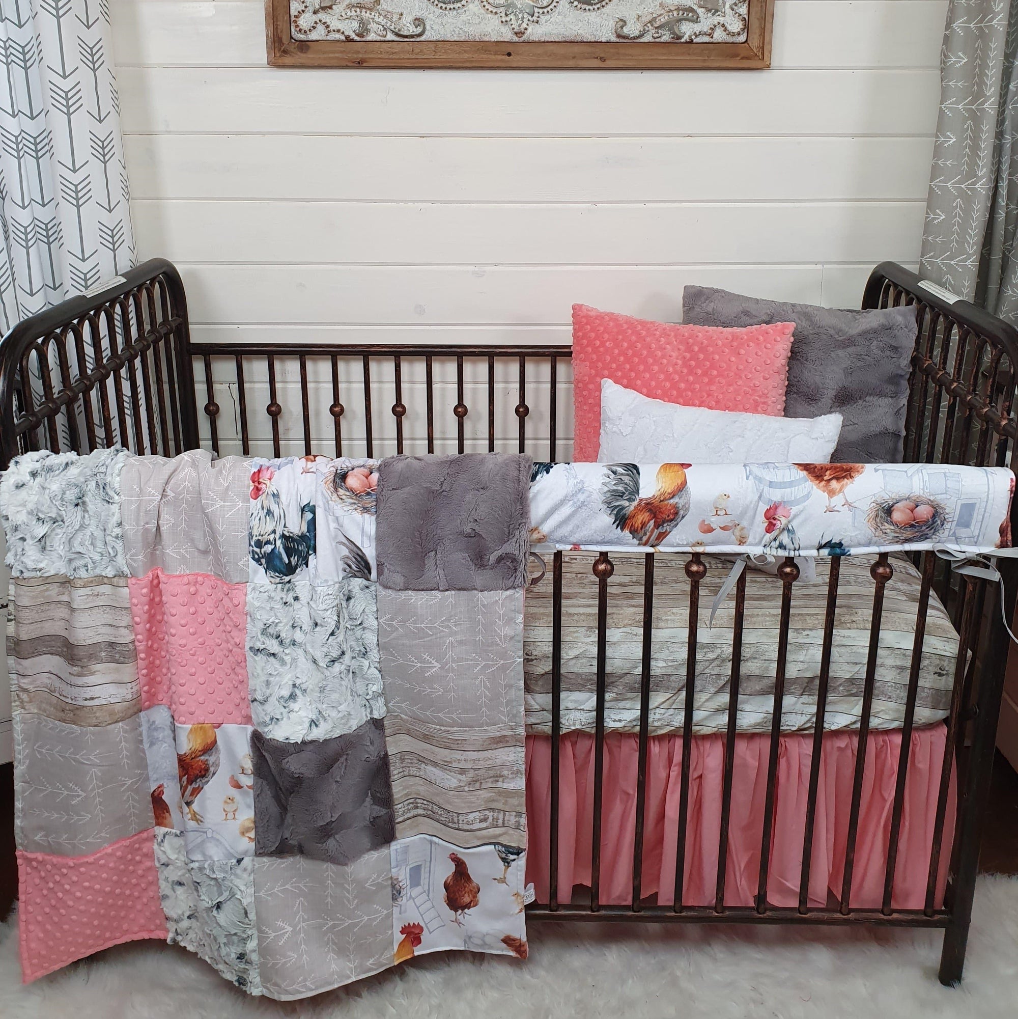 Girl Crib Bedding- Chicken Minky Farm Collection - DBC Baby Bedding Co