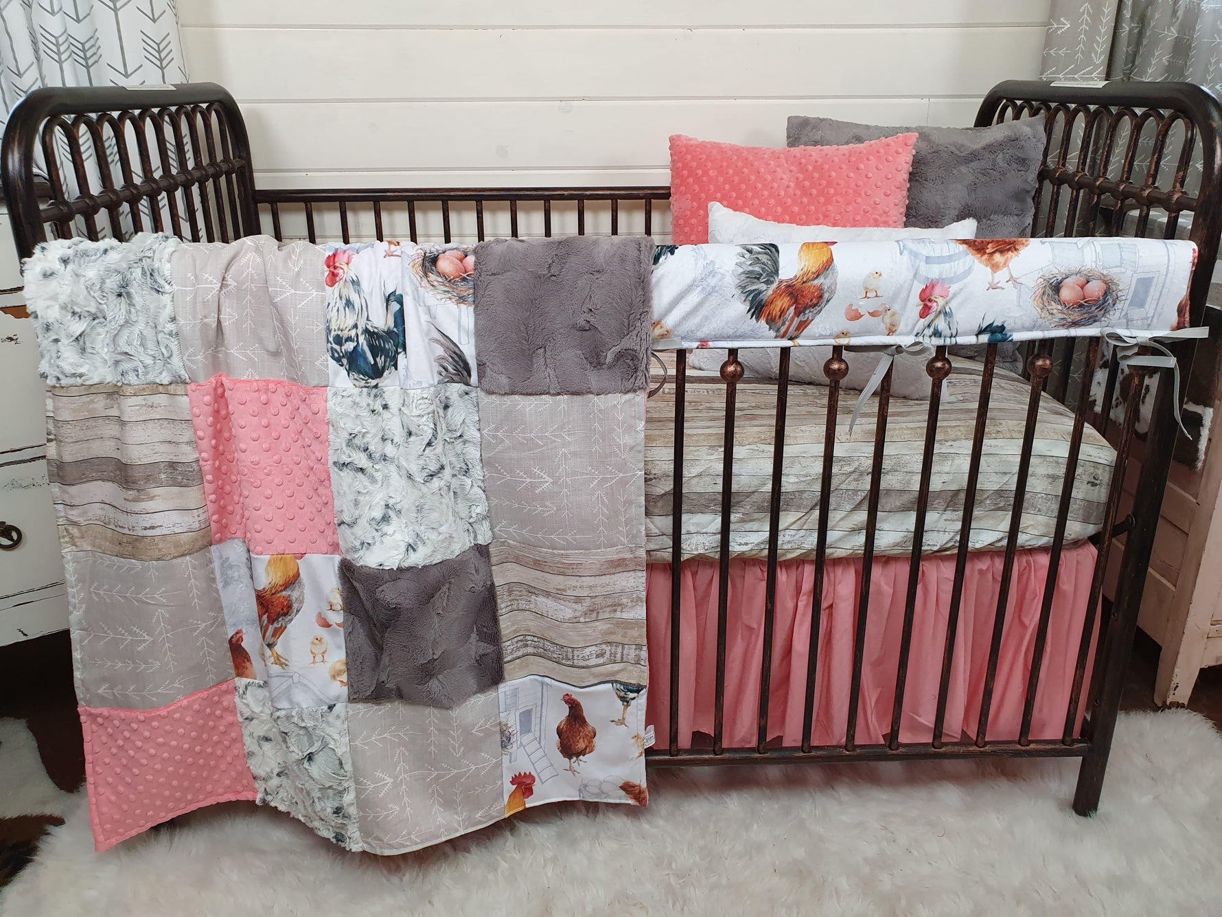 Girl Crib Bedding- Chicken Minky Farm Collection - DBC Baby Bedding Co 