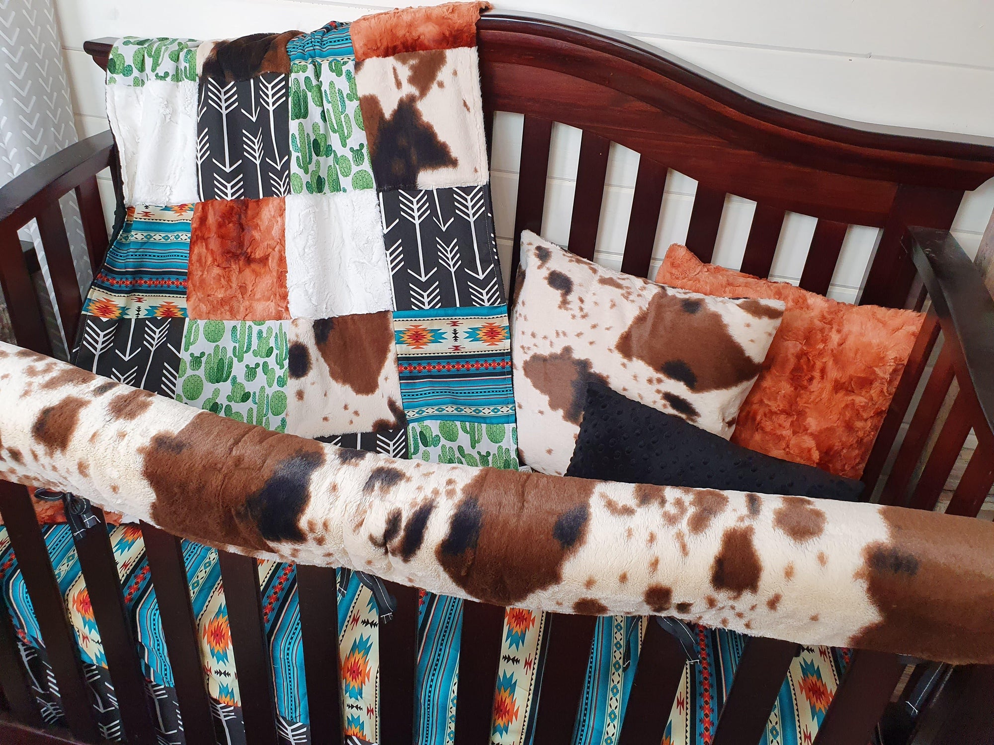 Boy Crib Bedding- Cactus, Teal Aztec, Cow Minky Ranch Collection - DBC Baby Bedding Co 