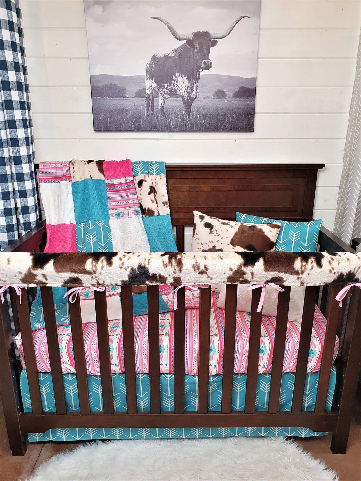 Girl Crib Bedding- Pink Aztec, Cow Minky Ranch Collection - DBC Baby Bedding Co