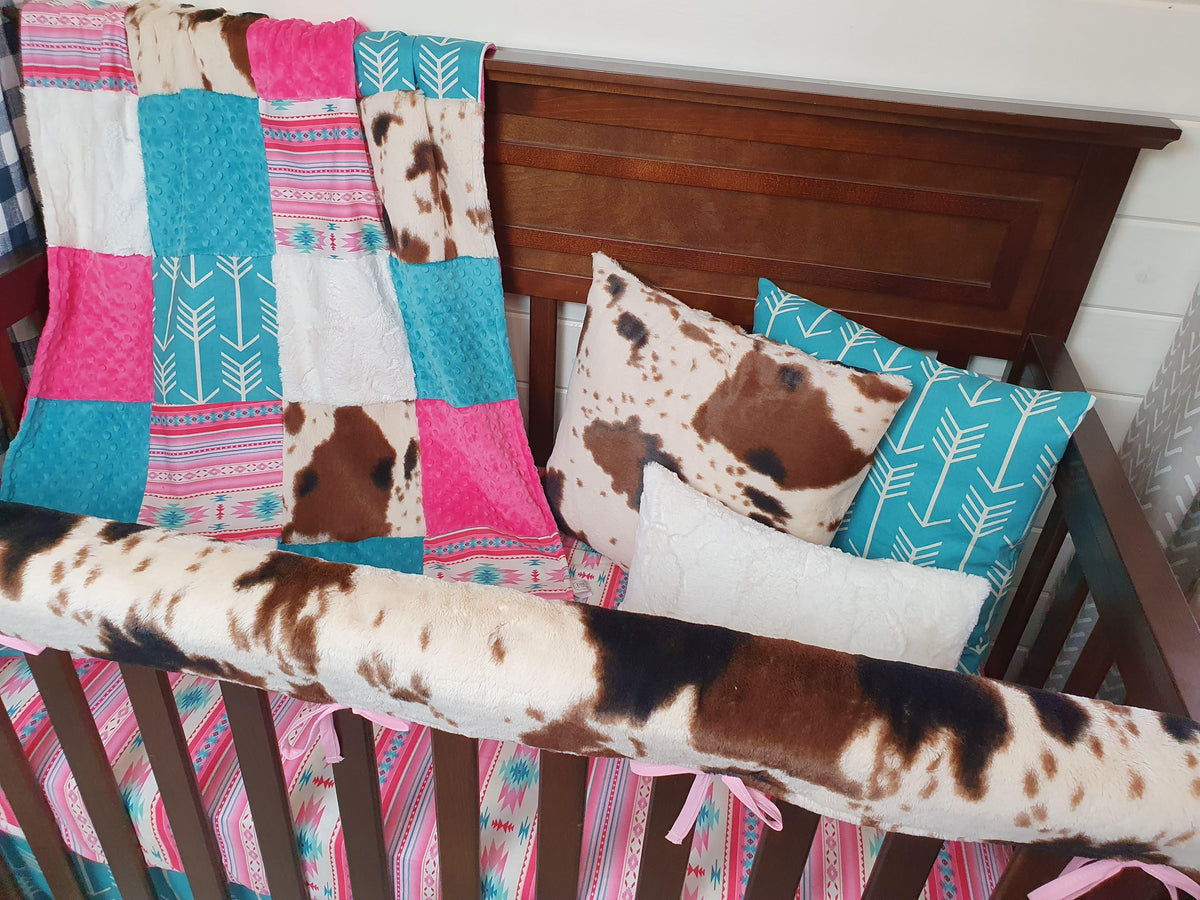 Girl Crib Bedding- Pink Aztec, Cow Minky Ranch Collection - DBC Baby Bedding Co 