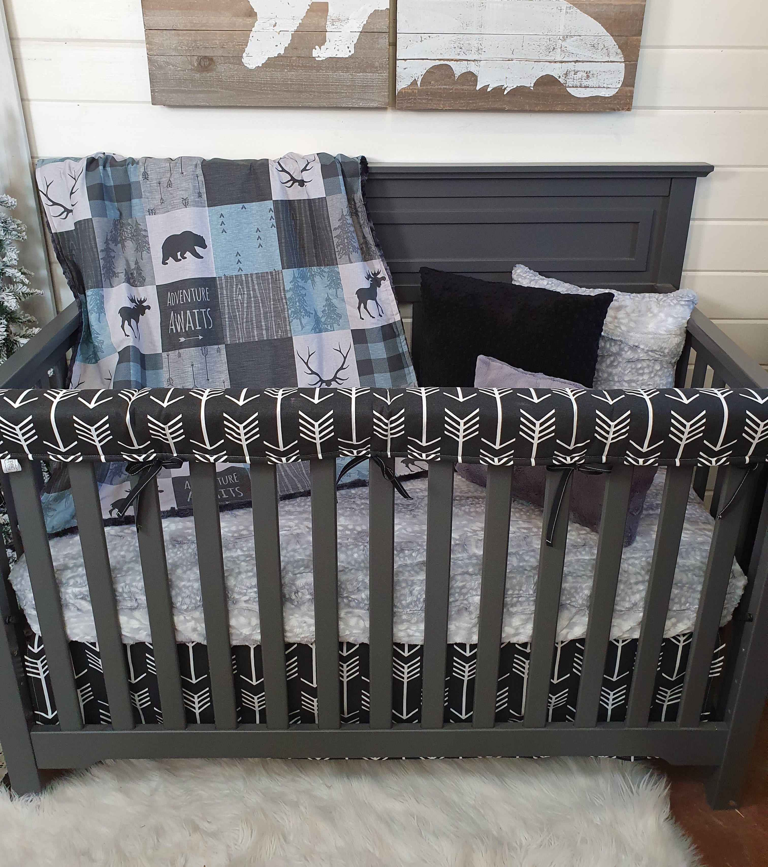 Custom Boy Crib Bedding Adventure Awaits Bear Moose Antler Woodland Baby Bedding Nursery Collection 3 pc Crib Bedding Set