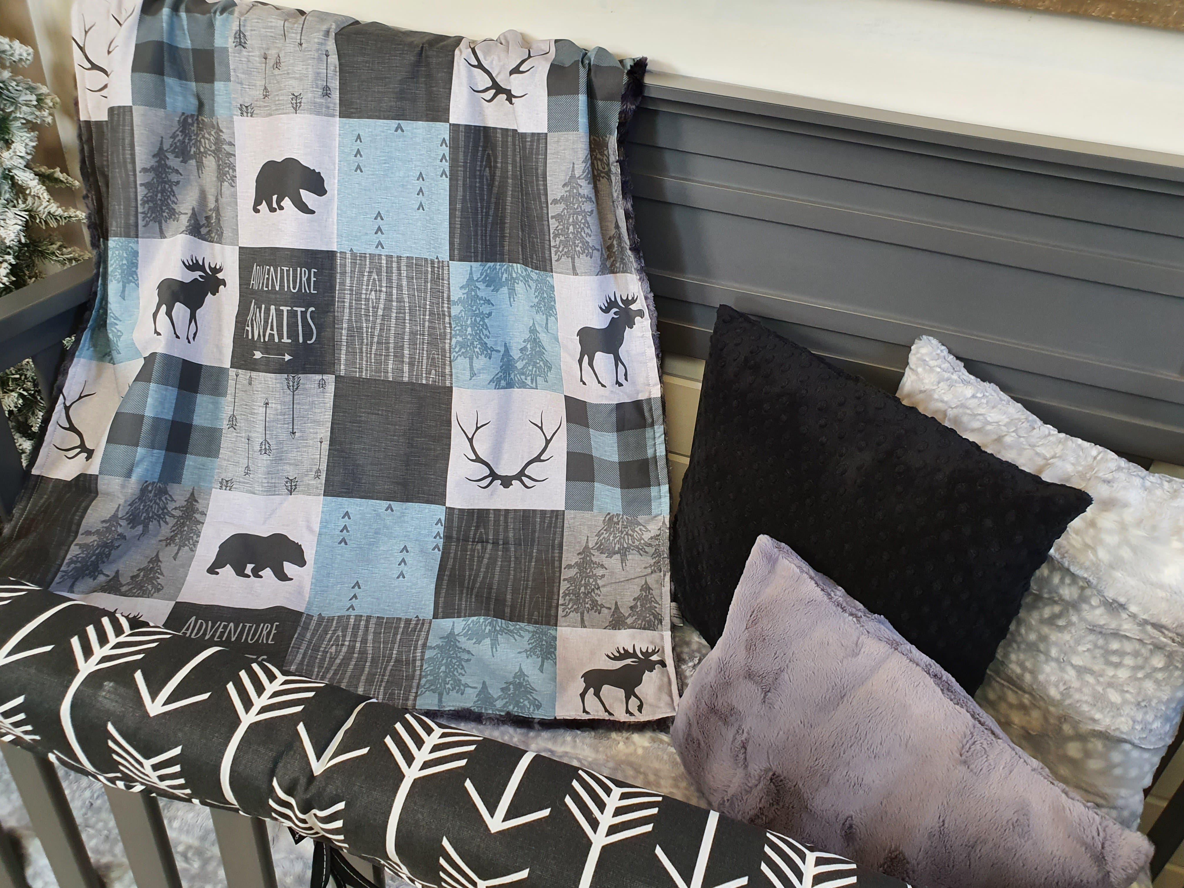 Custom Boy Crib Bedding Adventure Awaits Bear Moose Antler Woodland DBC Baby Bedding Co