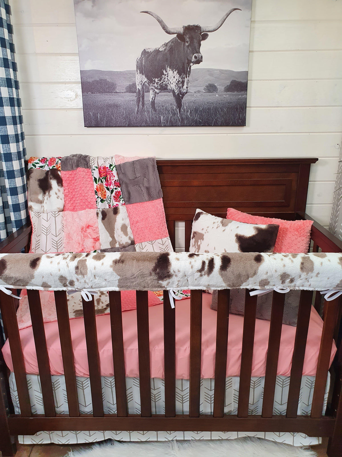 Girl Crib Bedding- Fuschia Floral and Brown Sugar Cow Ranch Collection - DBC Baby Bedding Co 