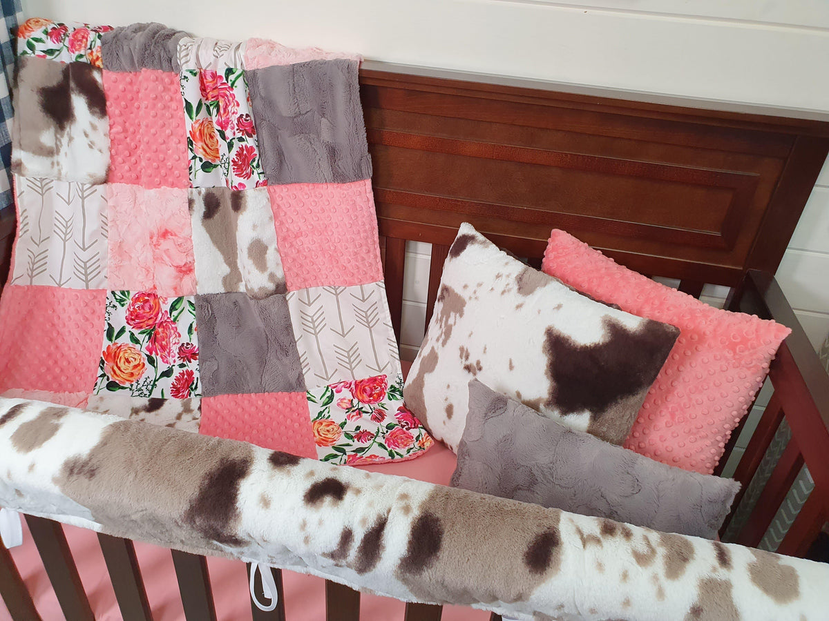 Girl Crib Bedding- Fuschia Floral and Brown Sugar Cow Ranch Collection - DBC Baby Bedding Co 