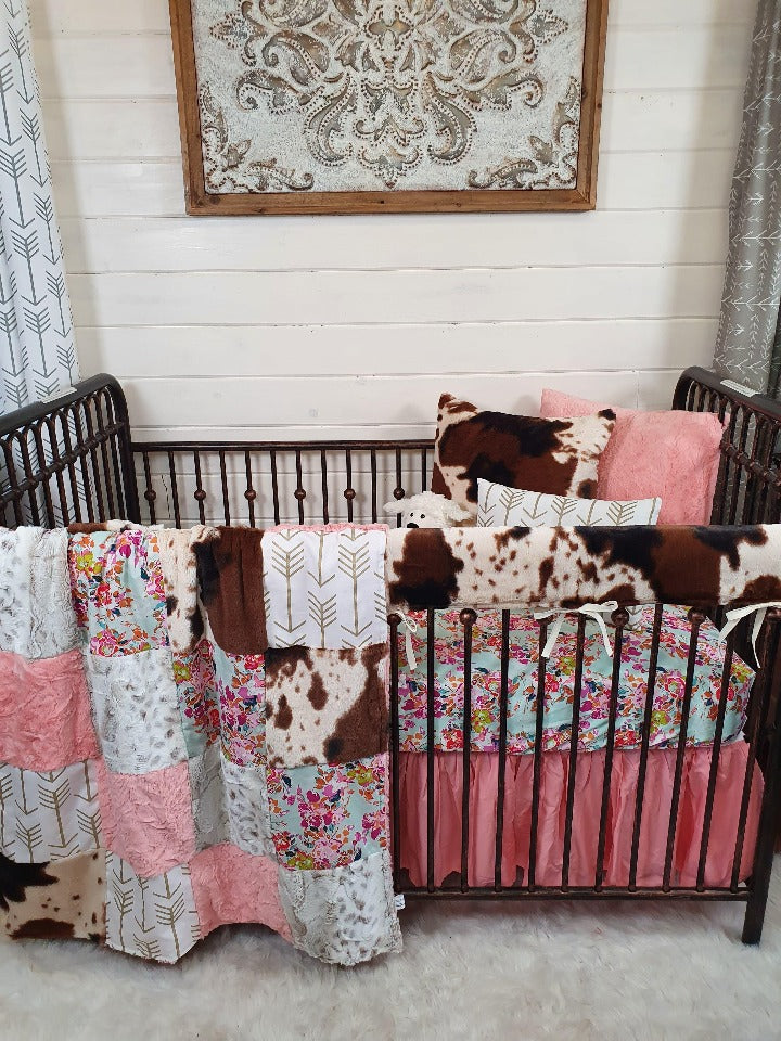 Girl Crib Bedding - Summer Floral and Cow Minky Ranch Collection - DBC Baby Bedding Co 