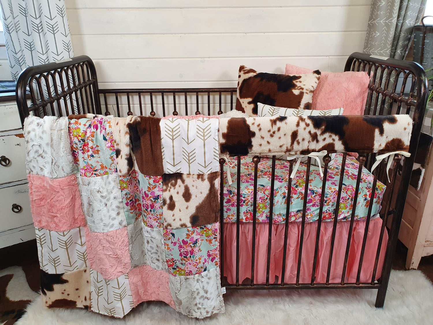 Girl Crib Bedding - Summer Floral and Cow Minky Ranch Collection - DBC Baby Bedding Co 