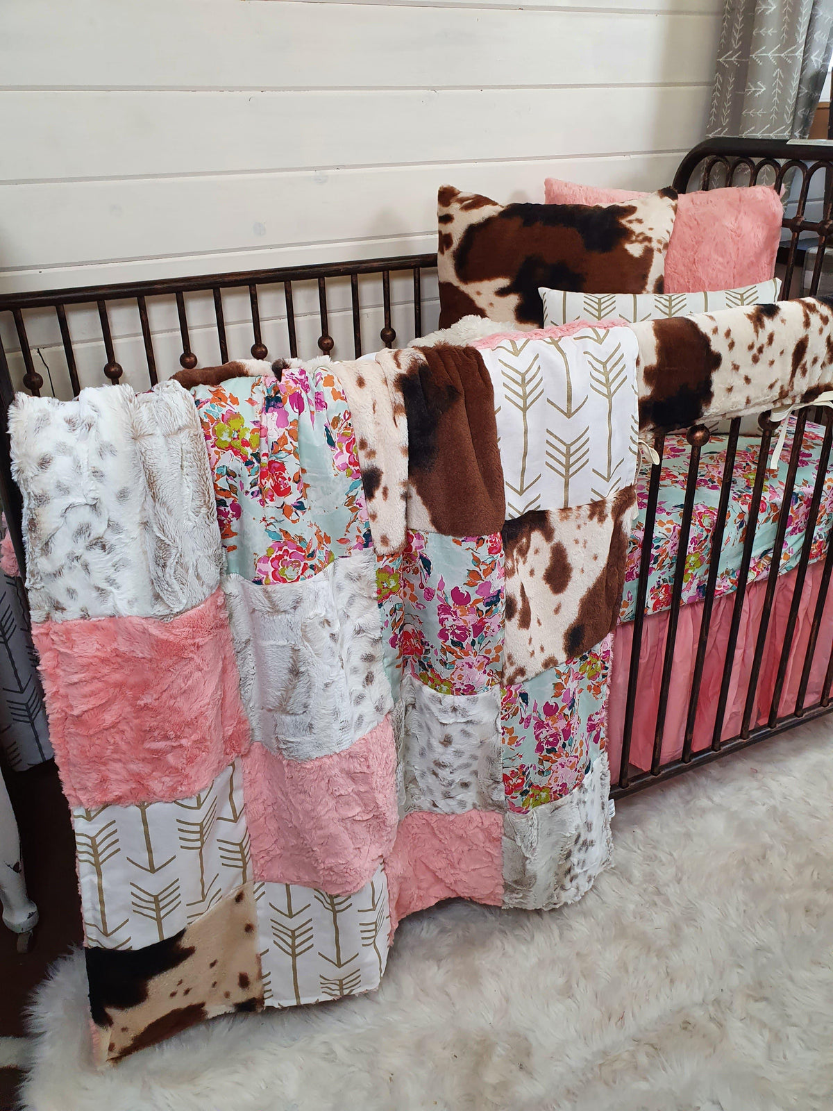Girl Crib Bedding - Summer Floral and Cow Minky Ranch Collection - DBC Baby Bedding Co 