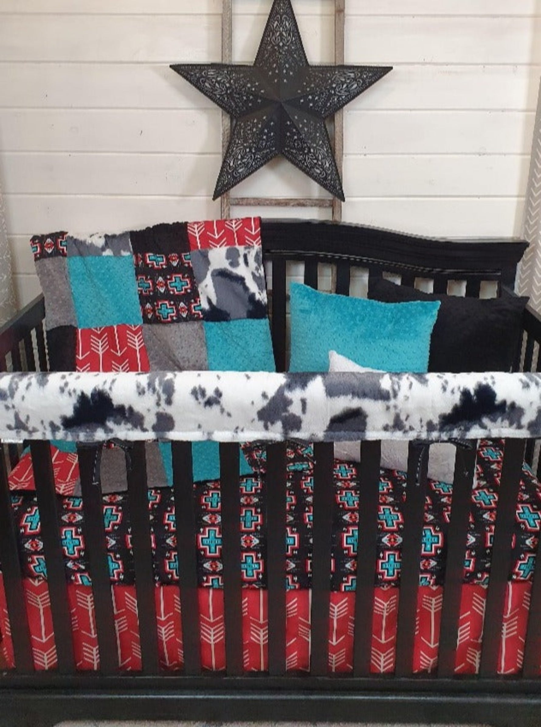 Boy Crib Bedding - Black Aztec and Storm Cow Minky Baby Bedding - DBC Baby Bedding Co 