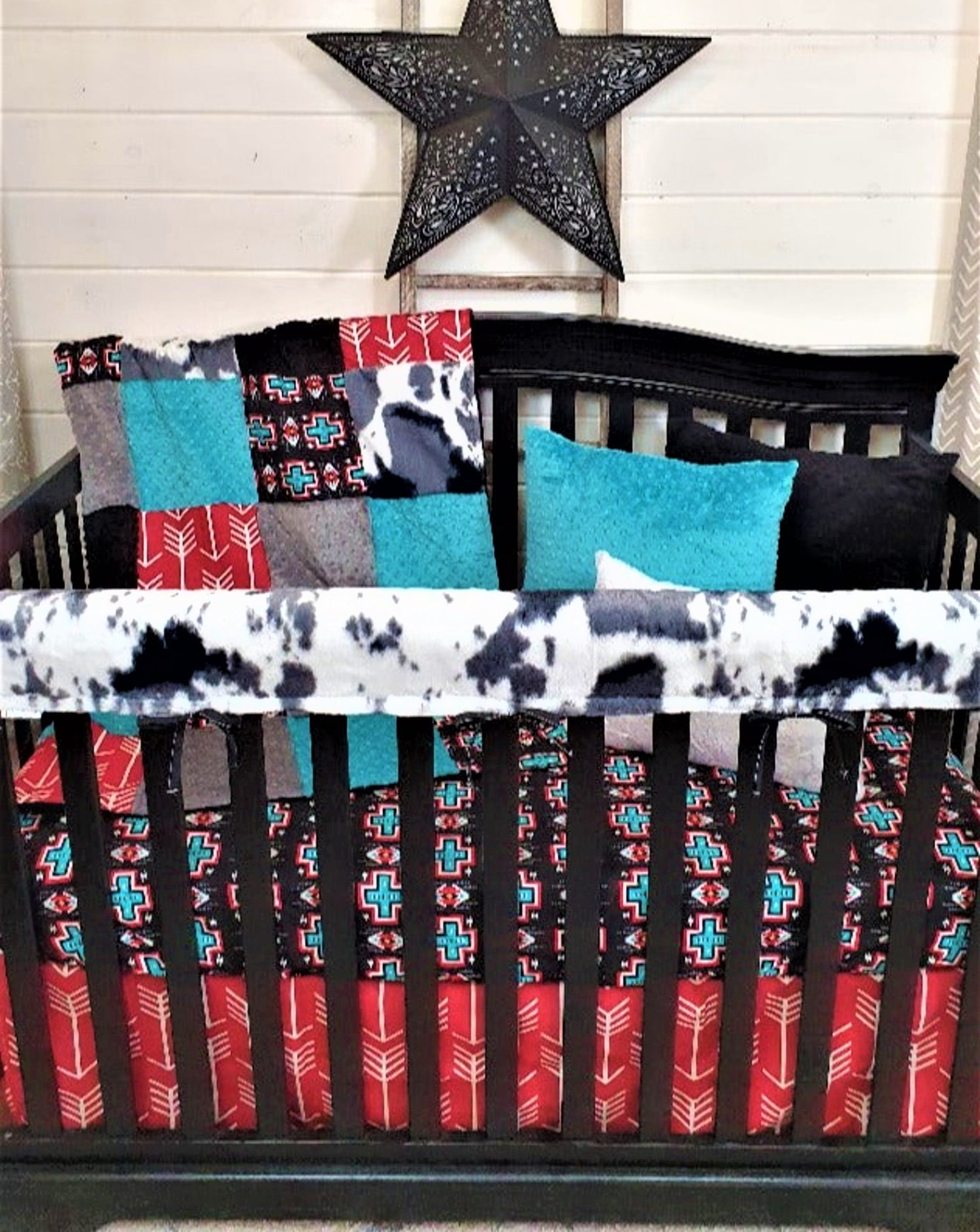 Boy Crib Bedding - Black Aztec and Storm Cow Minky Baby Bedding - DBC Baby Bedding Co