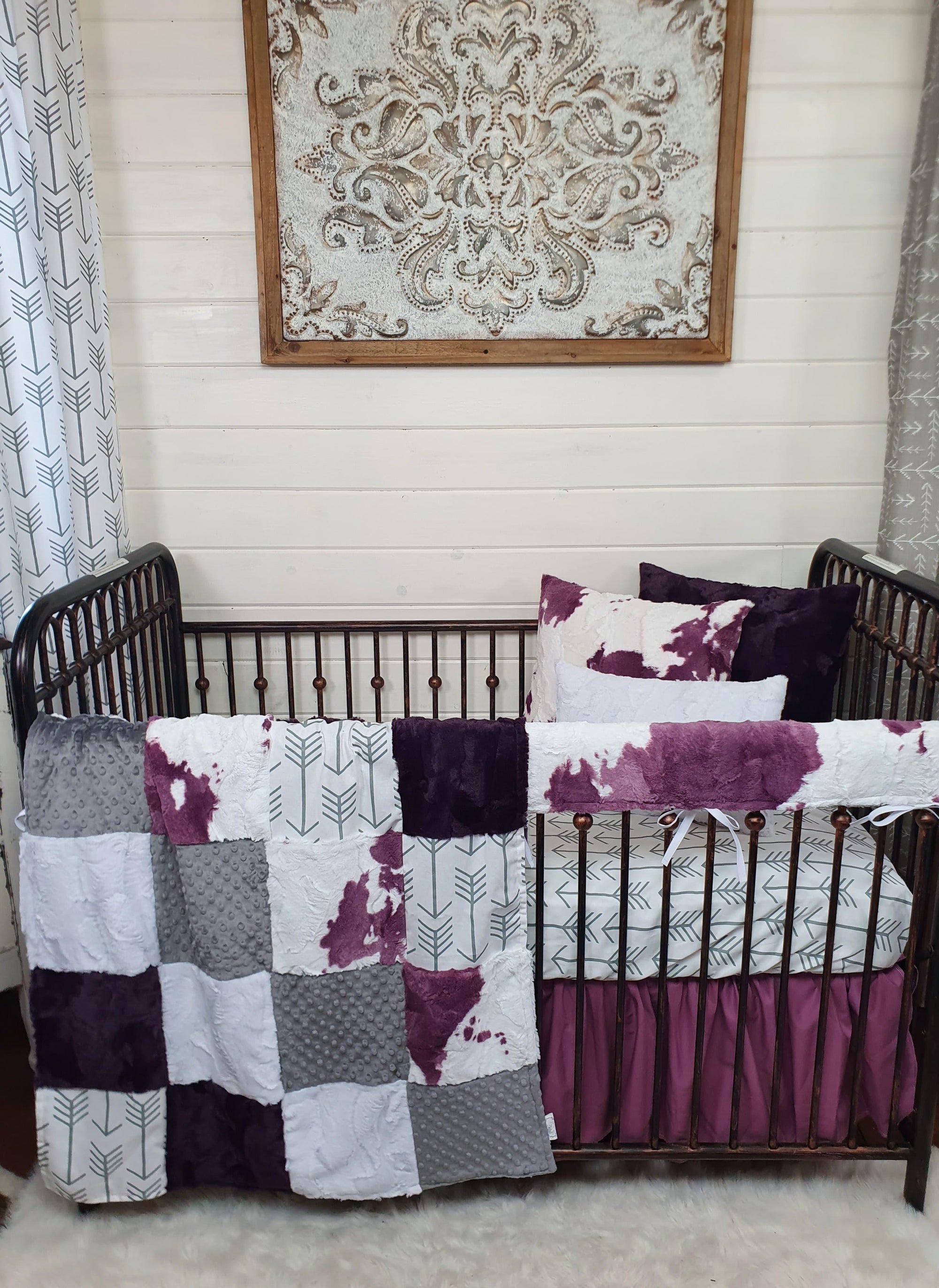 Girl Crib Bedding - Plum Calf Minky Farm Collection - DBC Baby Bedding Co 