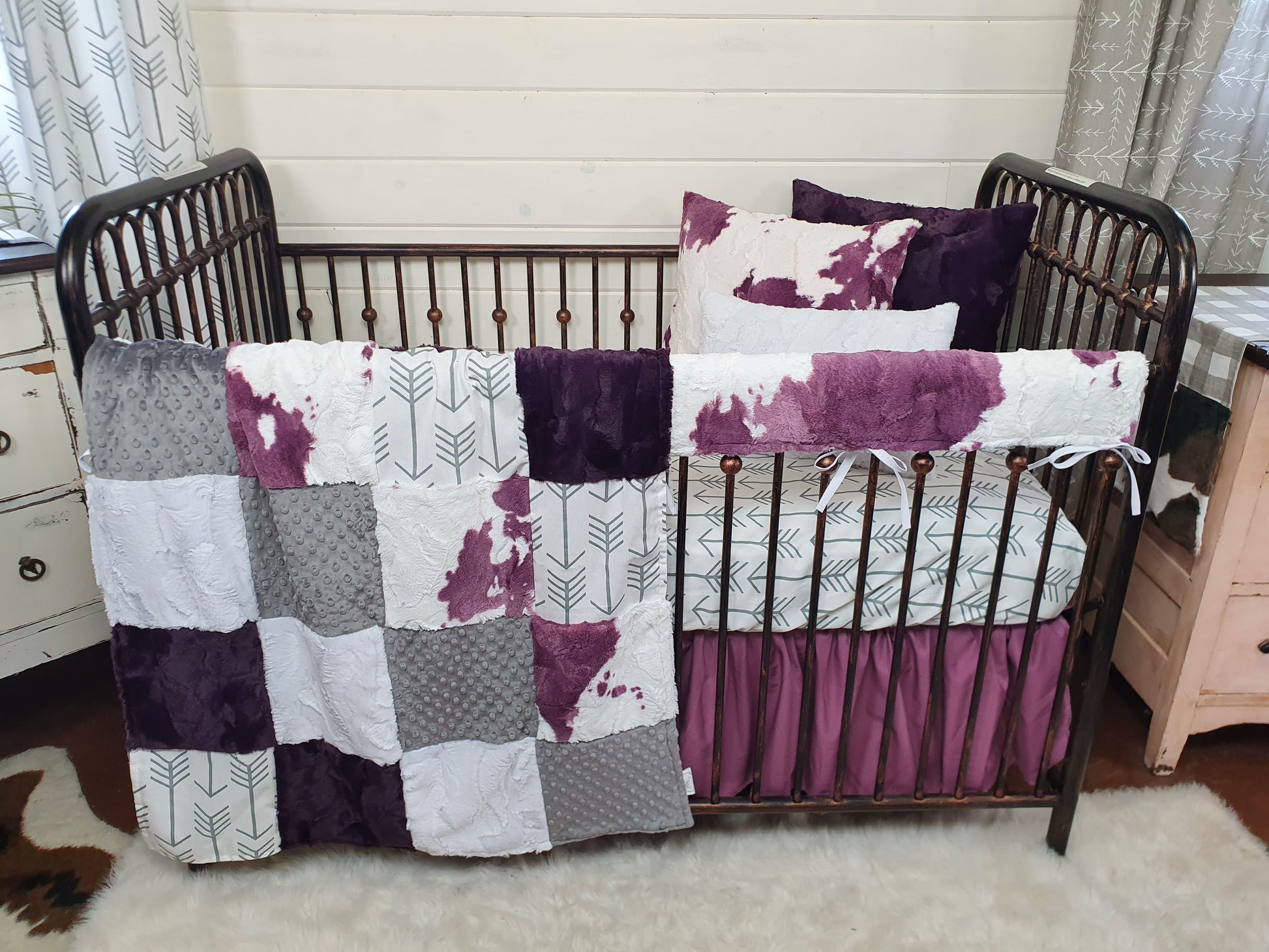 Girl Crib Bedding - Plum Calf Minky Farm Collection - DBC Baby Bedding Co 