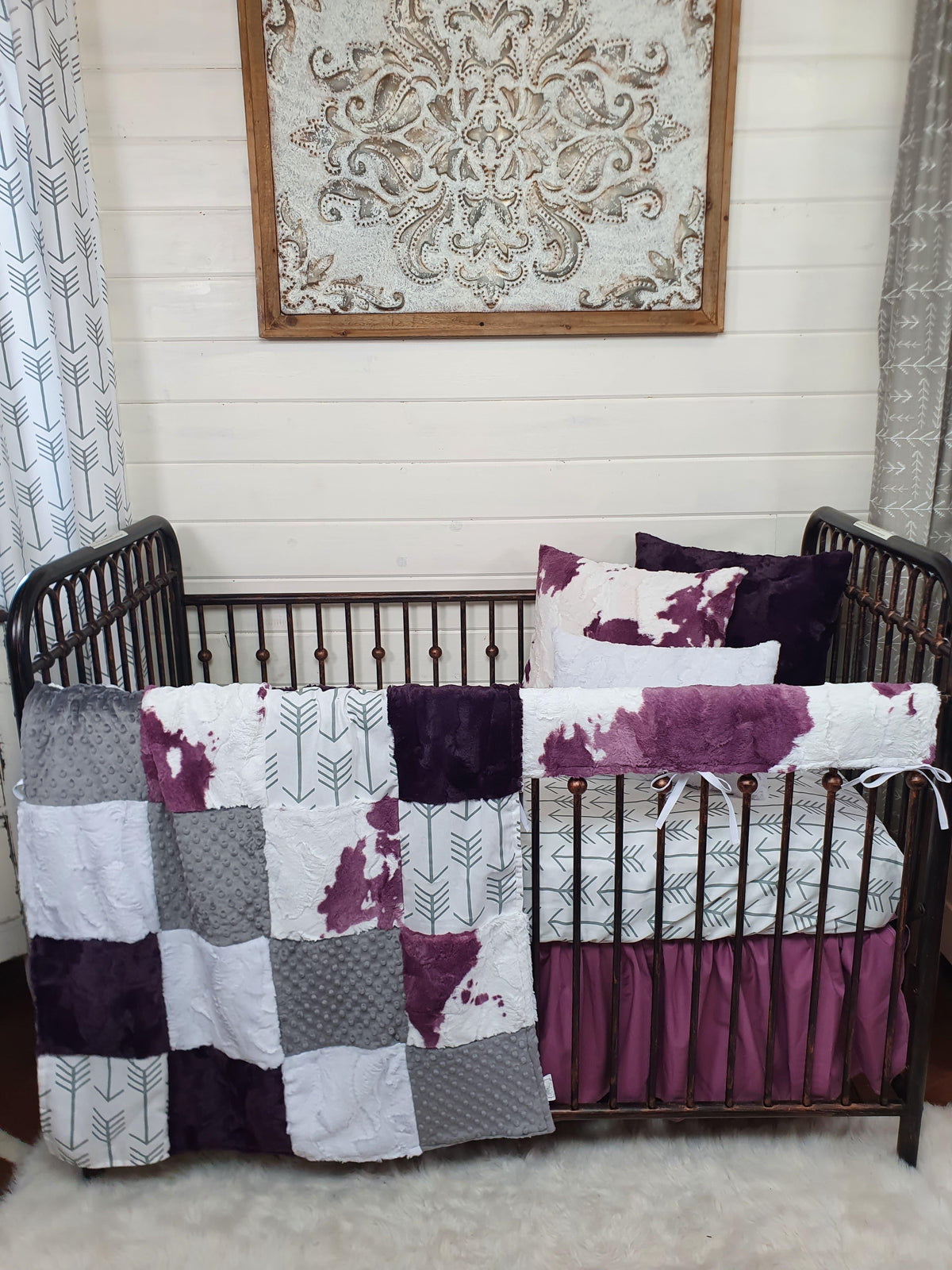 Girl Crib Bedding - Plum Calf Minky Farm Collection - DBC Baby Bedding Co 