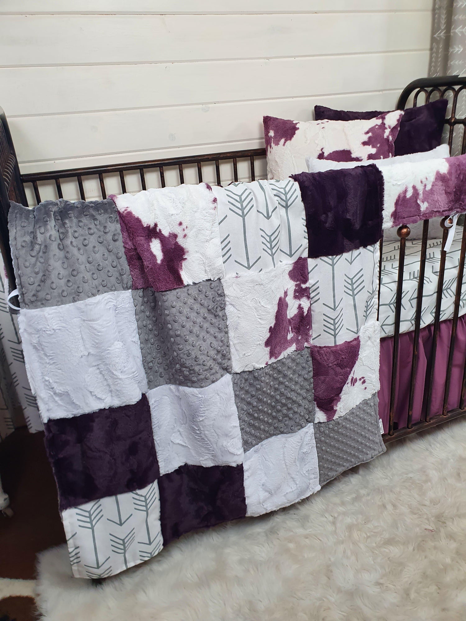 Girl Crib Bedding - Plum Calf Minky Farm Collection - DBC Baby Bedding Co 